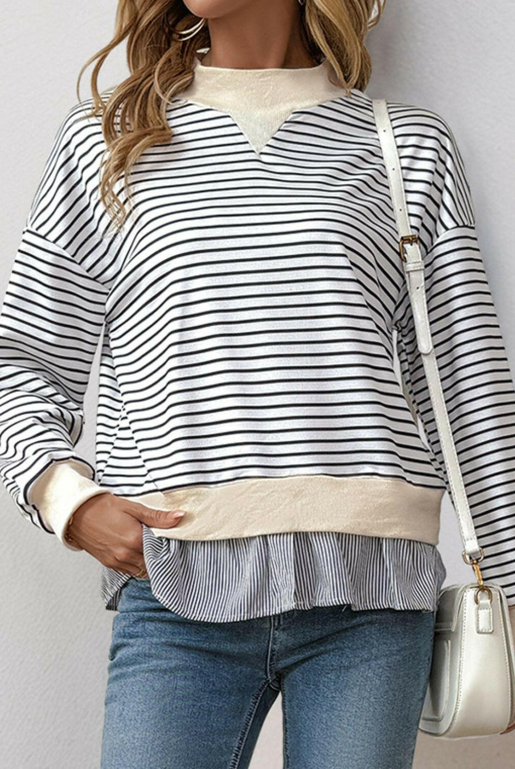 Perfee Faux Layered Striped Long Sleeve Sweatshirt-Long Sleeve Tops-Krush Kandy, Women's Online Fashion Boutique Located in Phoenix, Arizona (Scottsdale Area)