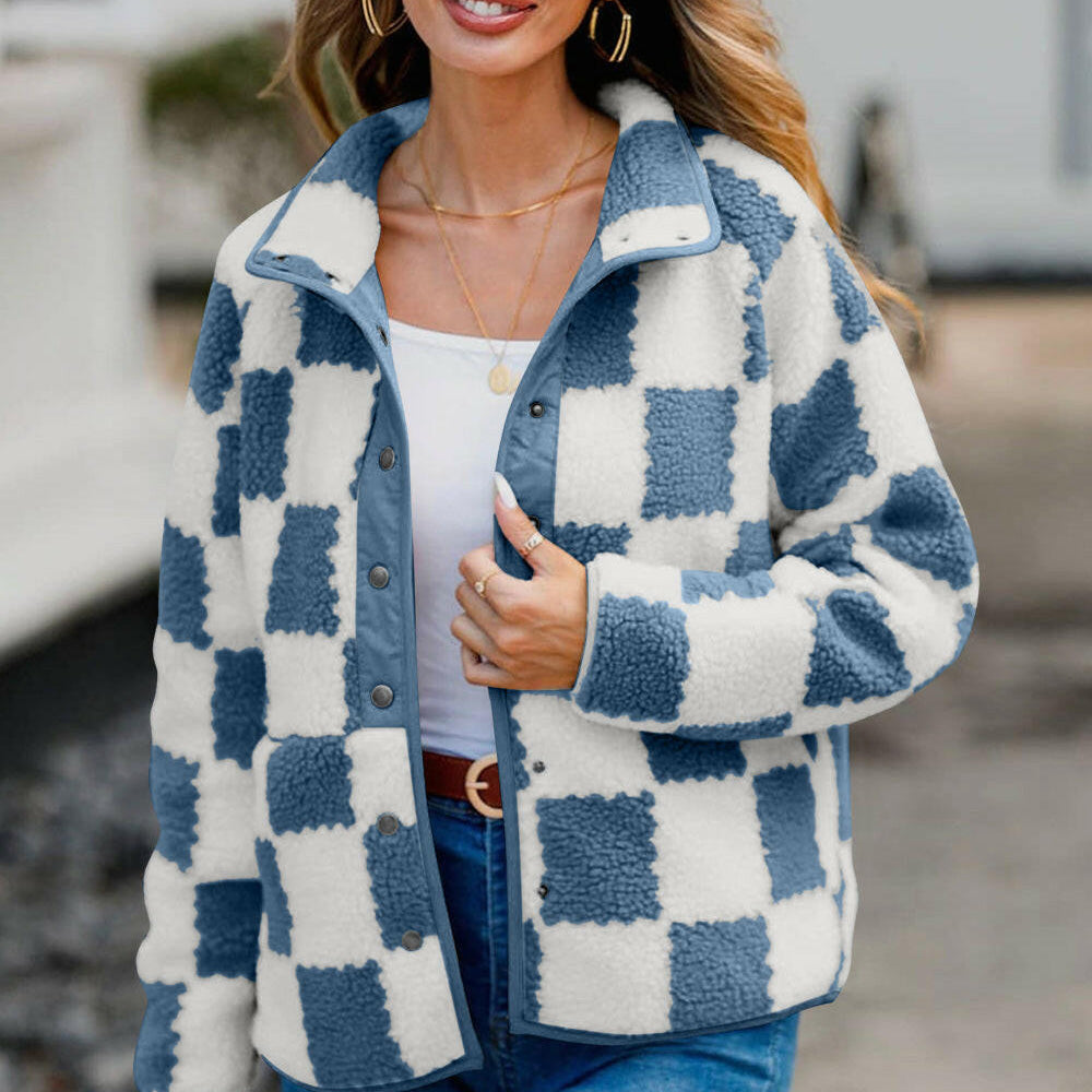 Checkered Snap Down Long Sleeve Teddy Jacket-Krush Kandy, Women's Online Fashion Boutique Located in Phoenix, Arizona (Scottsdale Area)