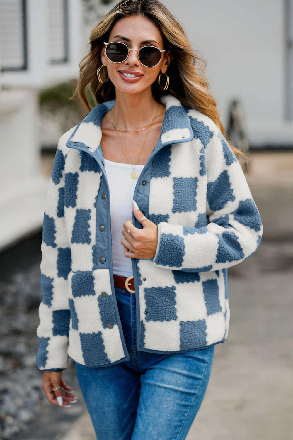Checkered Snap Down Long Sleeve Teddy Jacket-Krush Kandy, Women's Online Fashion Boutique Located in Phoenix, Arizona (Scottsdale Area)