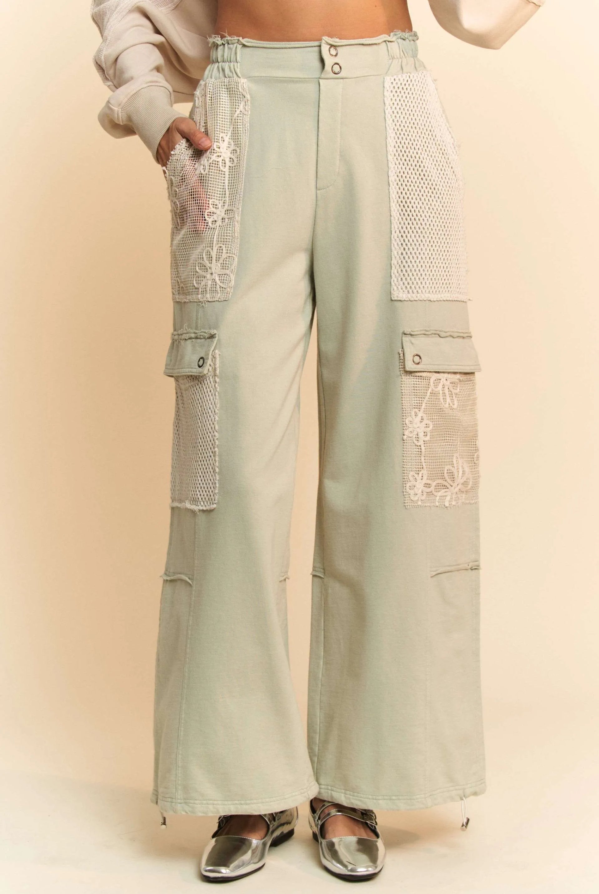 Davi & Dani Lace Patchwork Bottom Opening Adjustable Pants-pants-Krush Kandy, Women's Online Fashion Boutique Located in Phoenix, Arizona (Scottsdale Area)