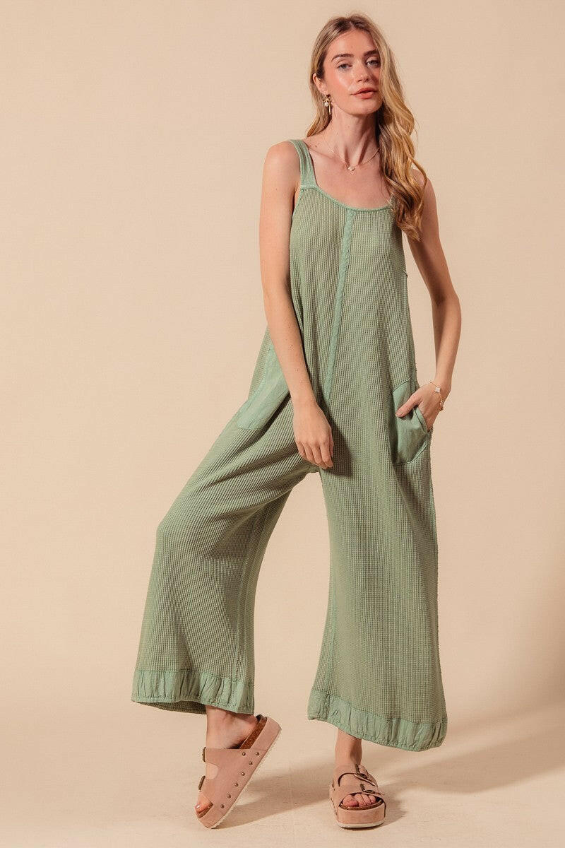 SO ME Mineral Washed Thermal Waffle Wide Leg Jumpsuit-Jumpsuits & Rompers-Krush Kandy, Women's Online Fashion Boutique Located in Phoenix, Arizona (Scottsdale Area)