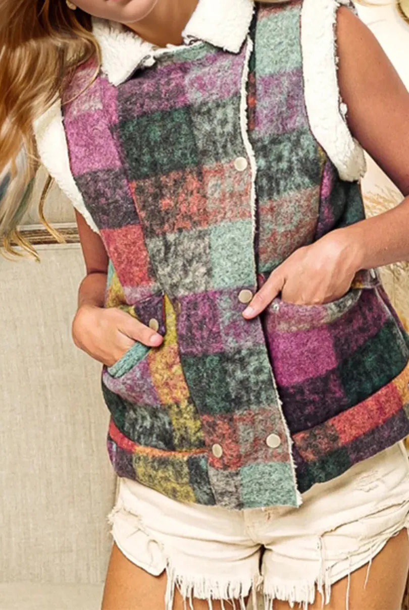 Double Take Full Size Snap Down Plaid Fleece Vest Coat with Pockets-Vests-Krush Kandy, Women's Online Fashion Boutique Located in Phoenix, Arizona (Scottsdale Area)