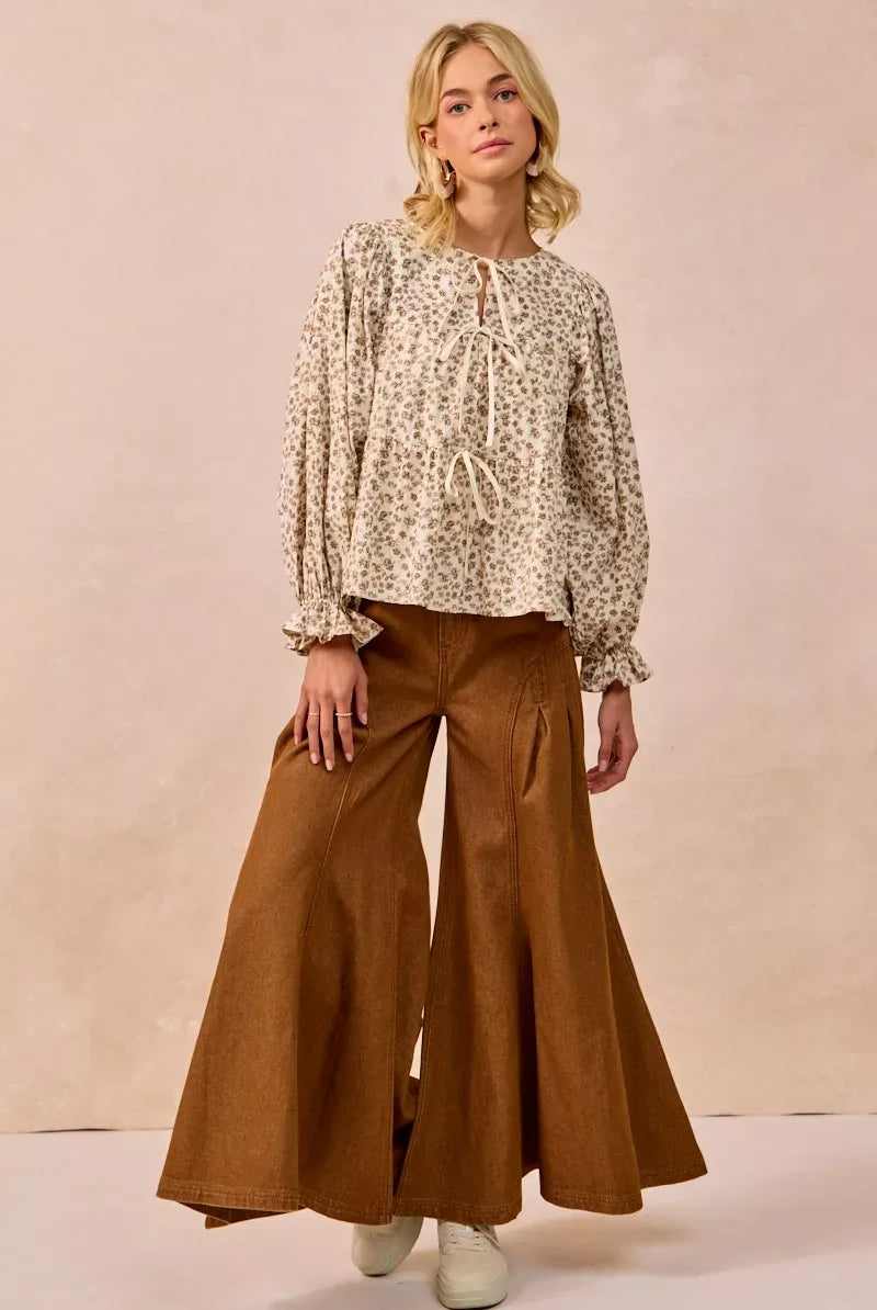 BiBi Floral Printed Peplum Blouse with Shirring and Tied-Tops-Krush Kandy, Women's Online Fashion Boutique Located in Phoenix, Arizona (Scottsdale Area)