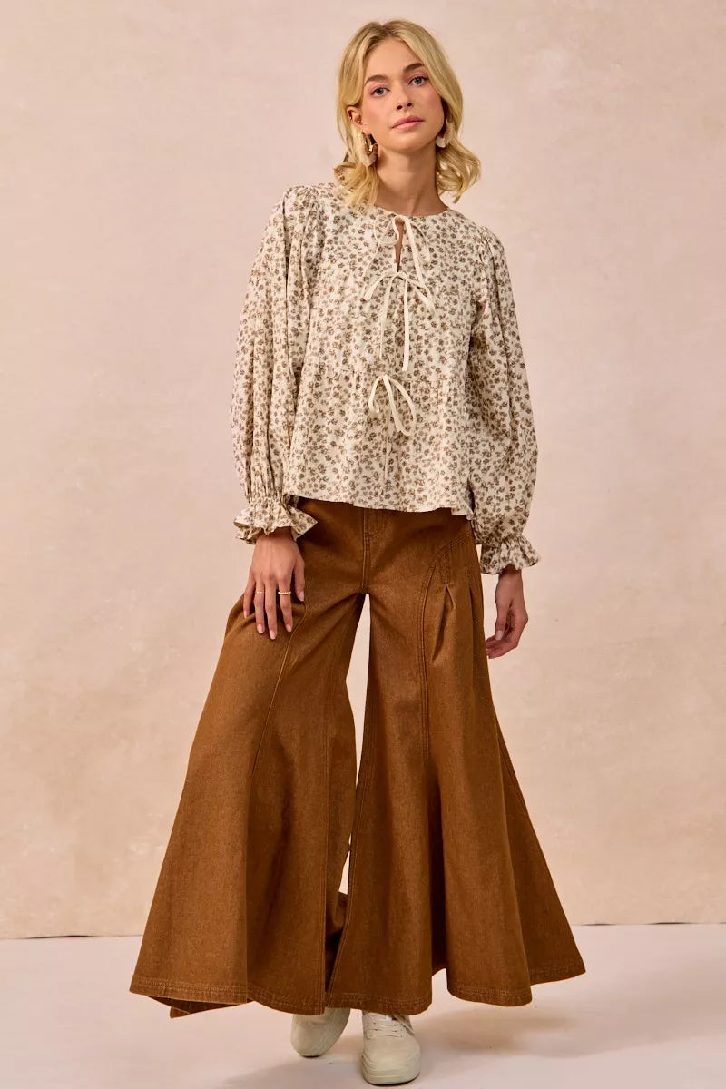 BiBi Floral Printed Peplum Blouse with Shirring and Tied-Tops-Krush Kandy, Women's Online Fashion Boutique Located in Phoenix, Arizona (Scottsdale Area)