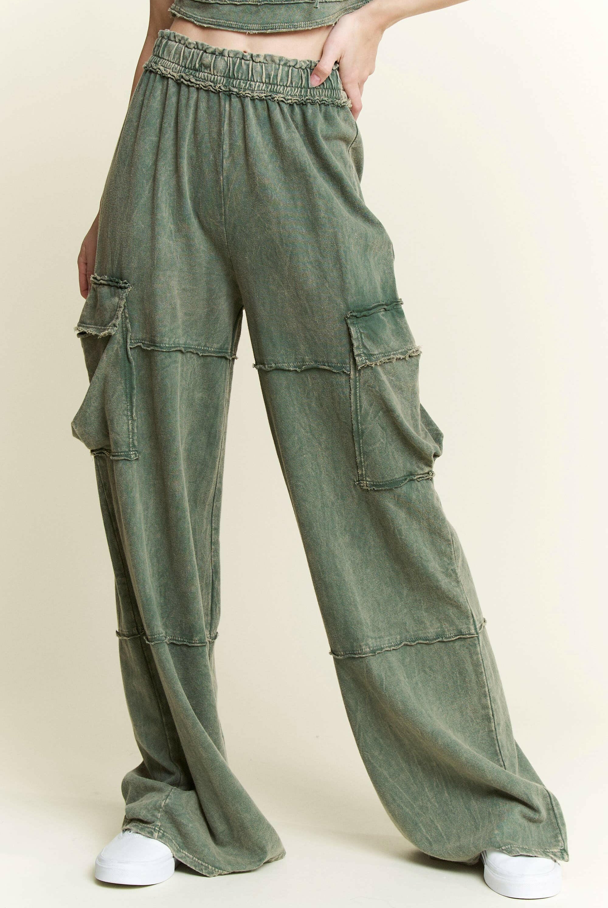 Mineral Wash Wide leg pants with Cargo Pockets-Bottoms-Krush Kandy, Women's Online Fashion Boutique Located in Phoenix, Arizona (Scottsdale Area)