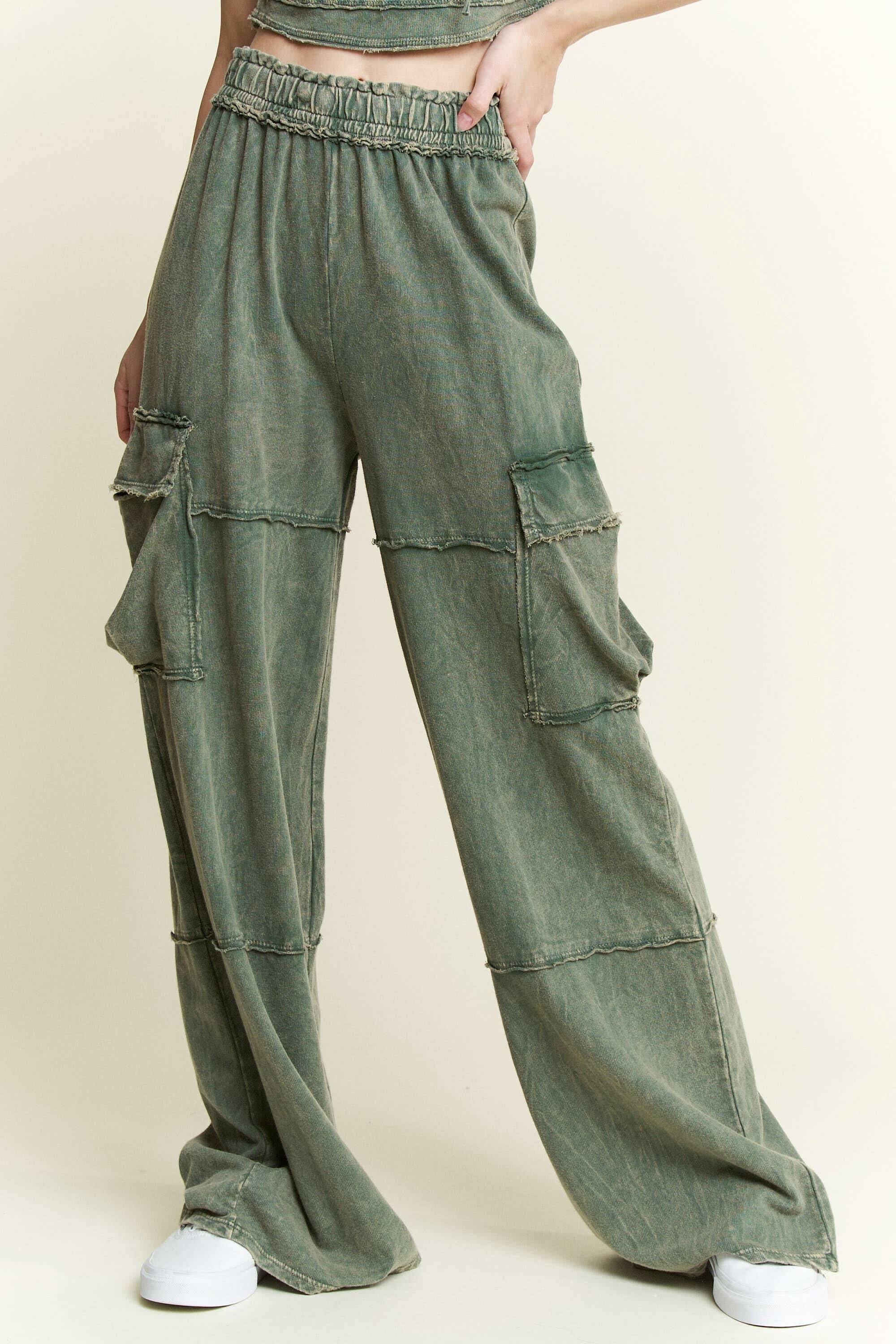 Mineral Wash Wide leg pants with Cargo Pockets-Bottoms-Krush Kandy, Women's Online Fashion Boutique Located in Phoenix, Arizona (Scottsdale Area)