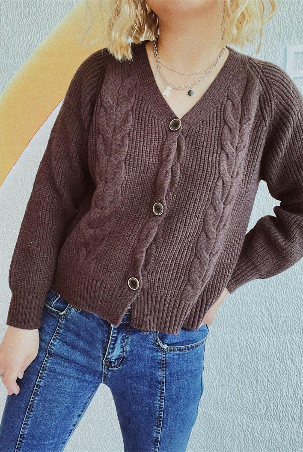 Cable-Knit V-Neck Button Down Long Sleeve Cardigan-Krush Kandy, Women's Online Fashion Boutique Located in Phoenix, Arizona (Scottsdale Area)