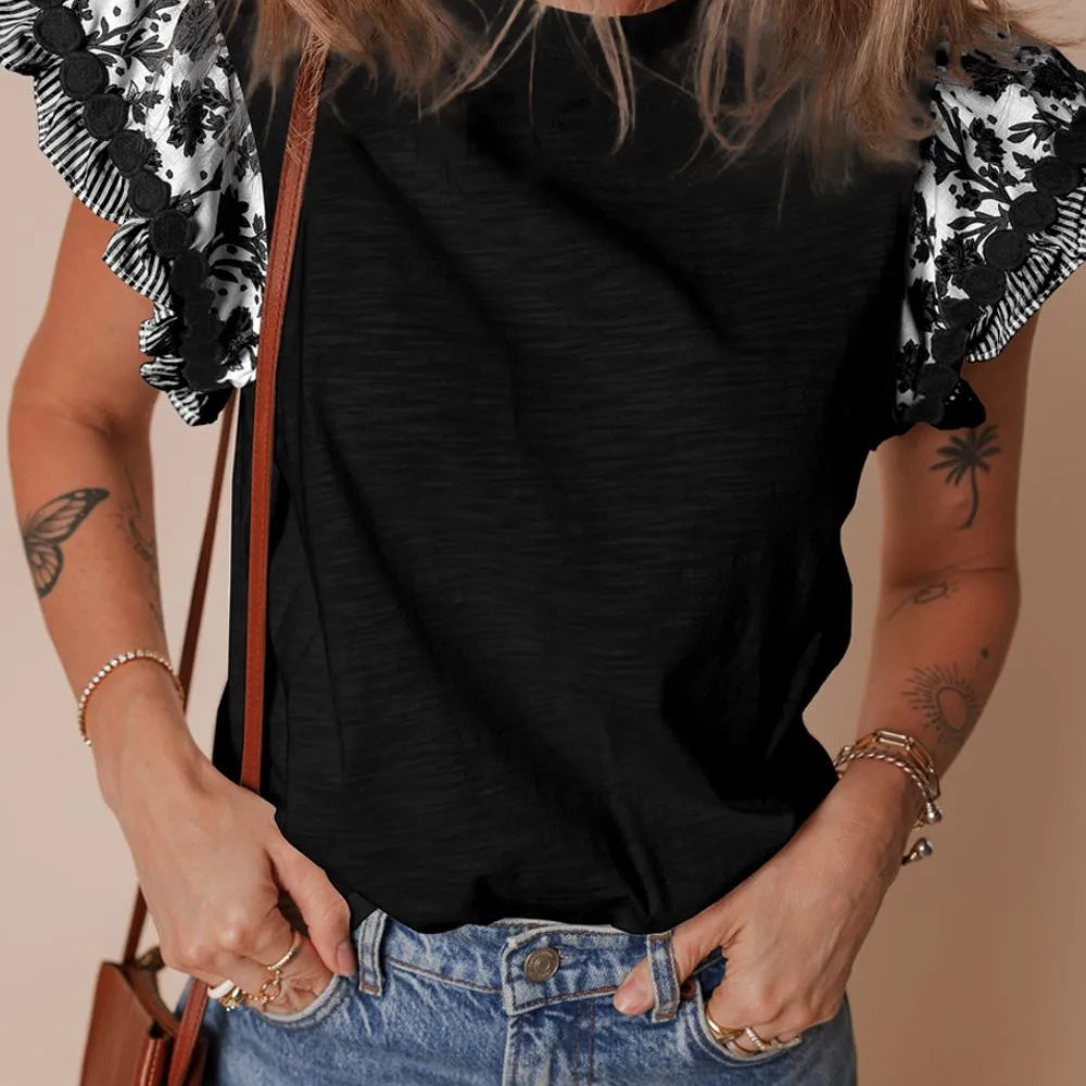 Round Neck Printed Ruffled Cap Sleeve Blouse-Tops-Krush Kandy, Women's Online Fashion Boutique Located in Phoenix, Arizona (Scottsdale Area)