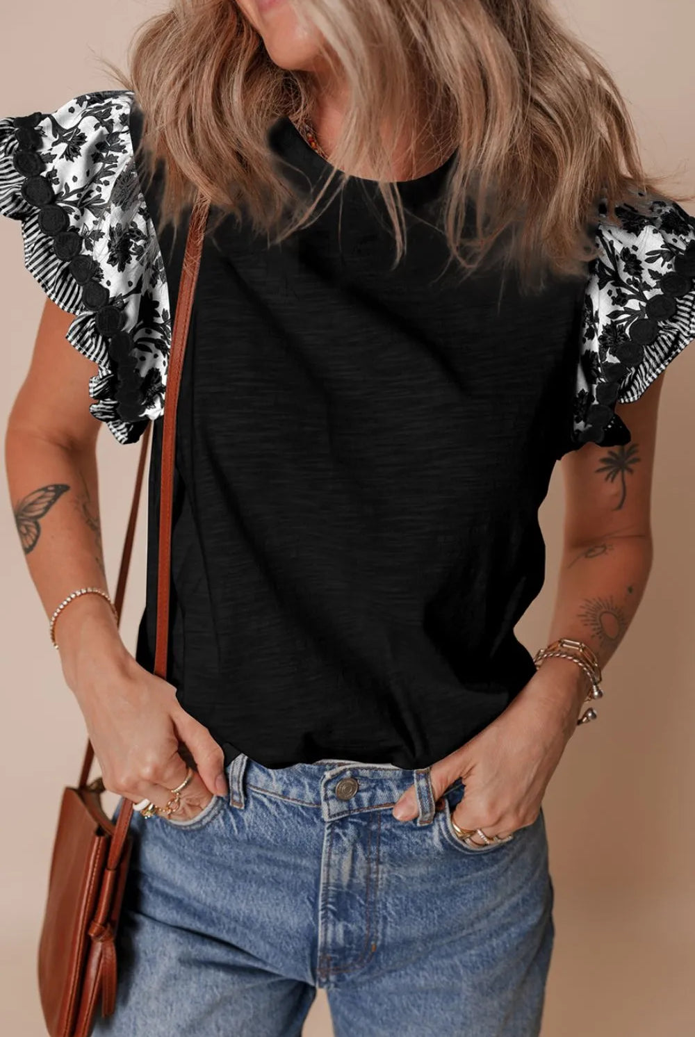 Round Neck Printed Ruffled Cap Sleeve Blouse-Tops-Krush Kandy, Women's Online Fashion Boutique Located in Phoenix, Arizona (Scottsdale Area)