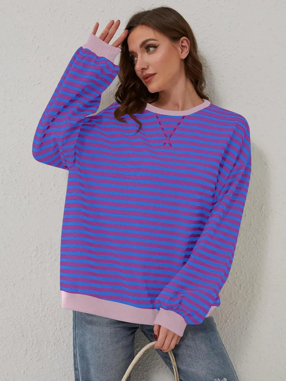Lovelet Contrast Striped Long Sleeve Sweatshirt-Sweaters-Krush Kandy, Women's Online Fashion Boutique Located in Phoenix, Arizona (Scottsdale Area)