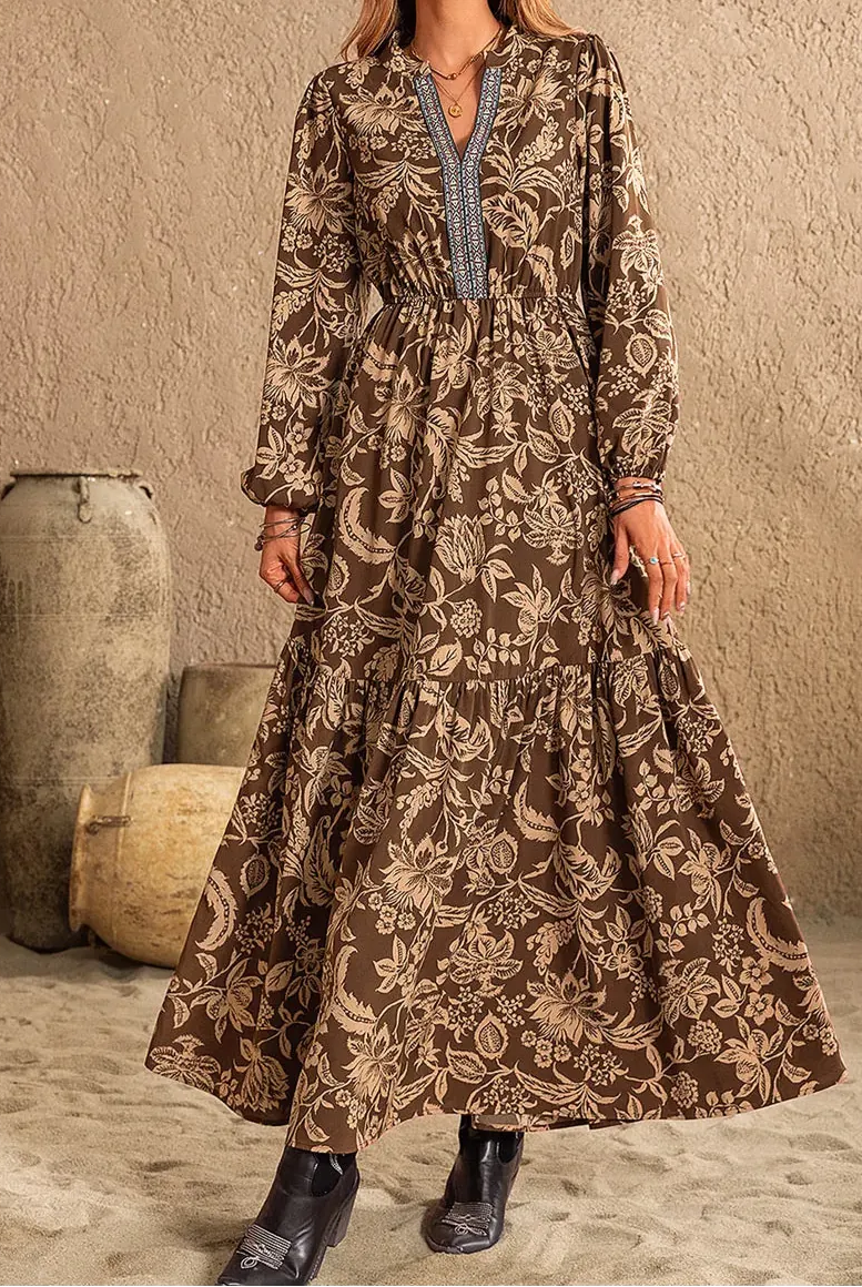 Ruched Printed Notched Long Sleeve Maxi Dress-Dresses-Krush Kandy, Women's Online Fashion Boutique Located in Phoenix, Arizona (Scottsdale Area)