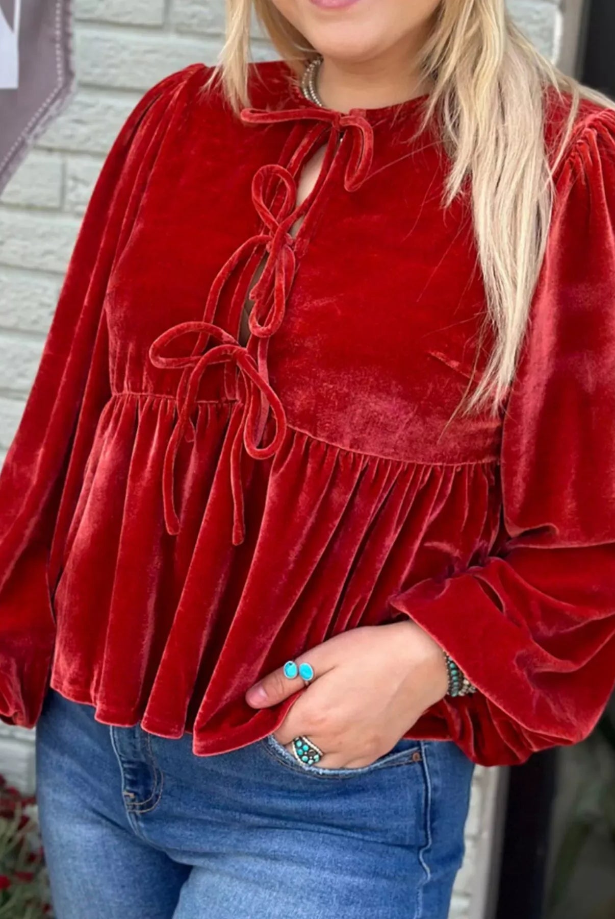 Plus Size Tie Front Velvet Peplum Blouse-Blouses-Krush Kandy, Women's Online Fashion Boutique Located in Phoenix, Arizona (Scottsdale Area)