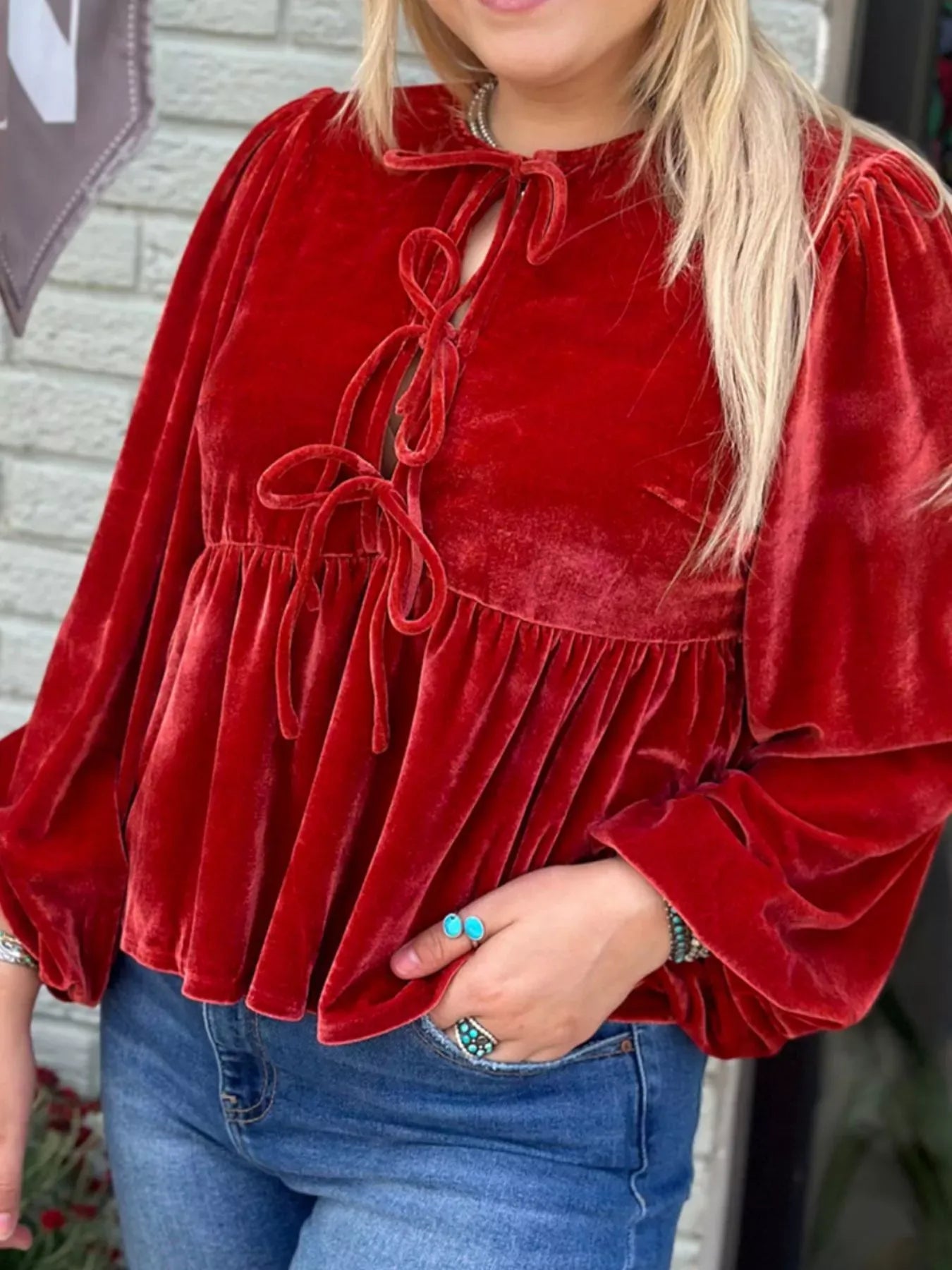 Plus Size Tie Front Velvet Peplum Blouse-Blouses-Krush Kandy, Women's Online Fashion Boutique Located in Phoenix, Arizona (Scottsdale Area)