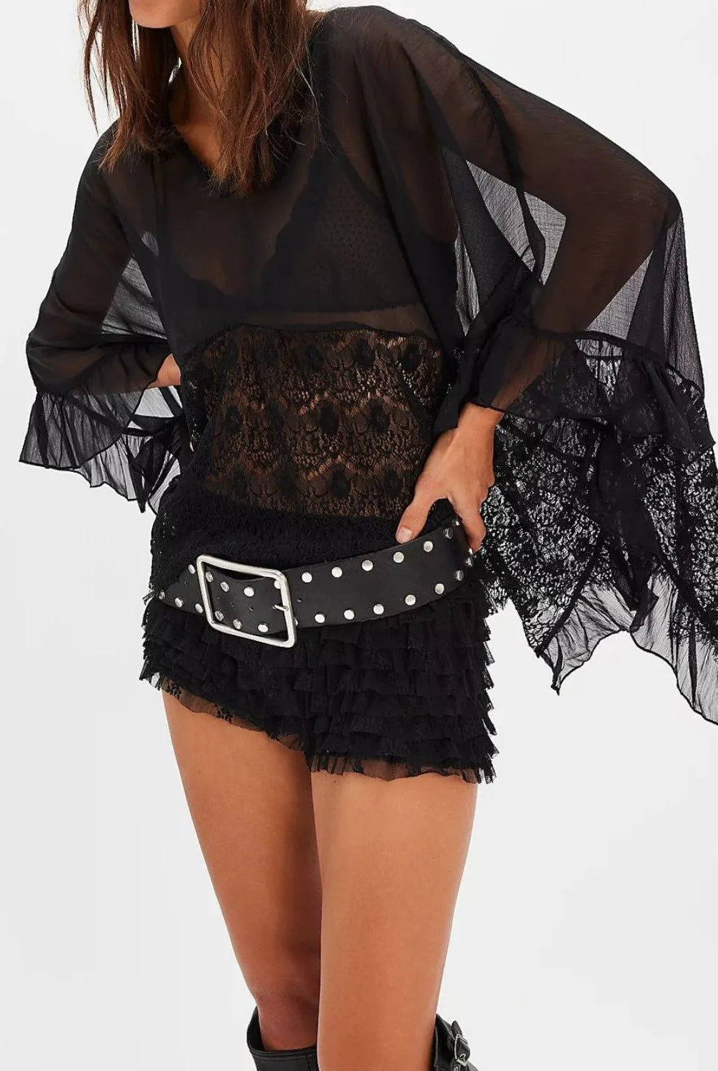 Lace V-Neck Ruffle Long Sleeve Cover-Up-Blouses-Krush Kandy, Women's Online Fashion Boutique Located in Phoenix, Arizona (Scottsdale Area)