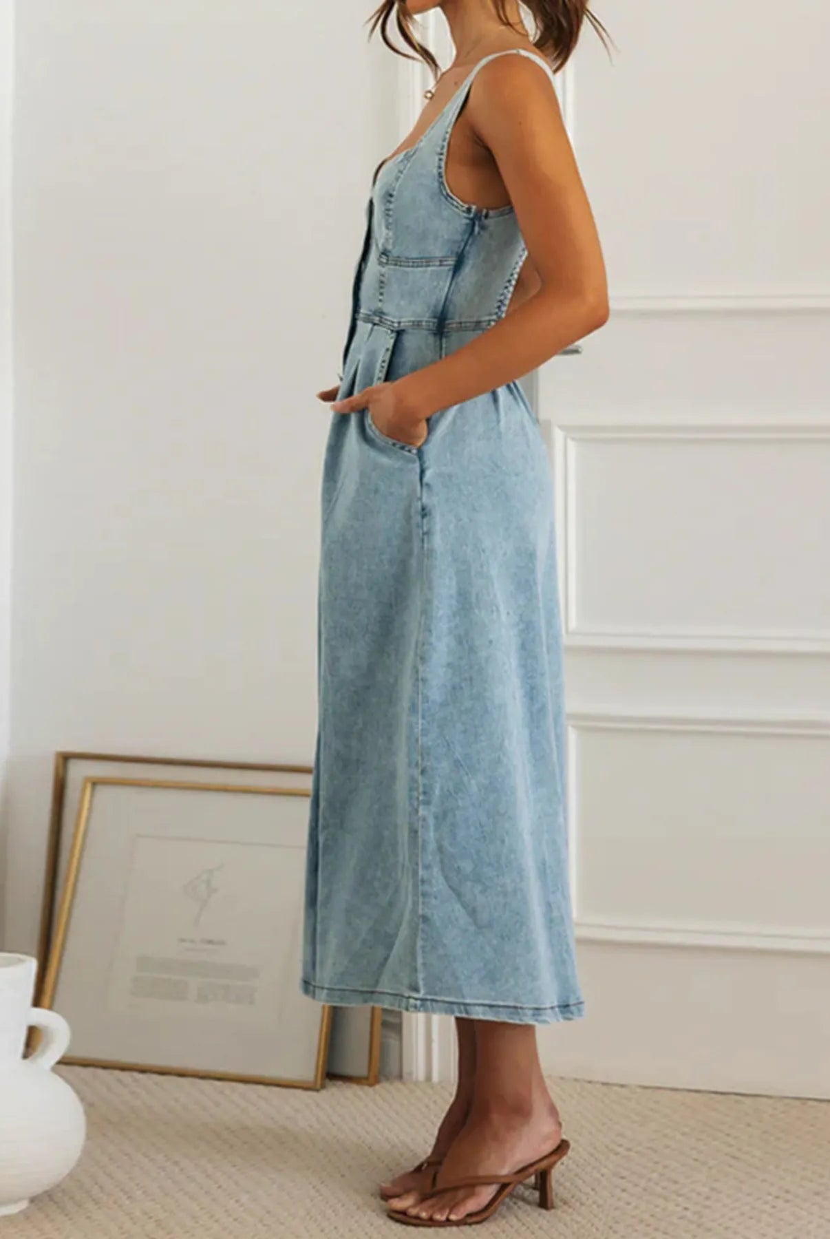 Sweetheart Neck Button-Front Midi Denim Dress-Krush Kandy, Women's Online Fashion Boutique Located in Phoenix, Arizona (Scottsdale Area)
