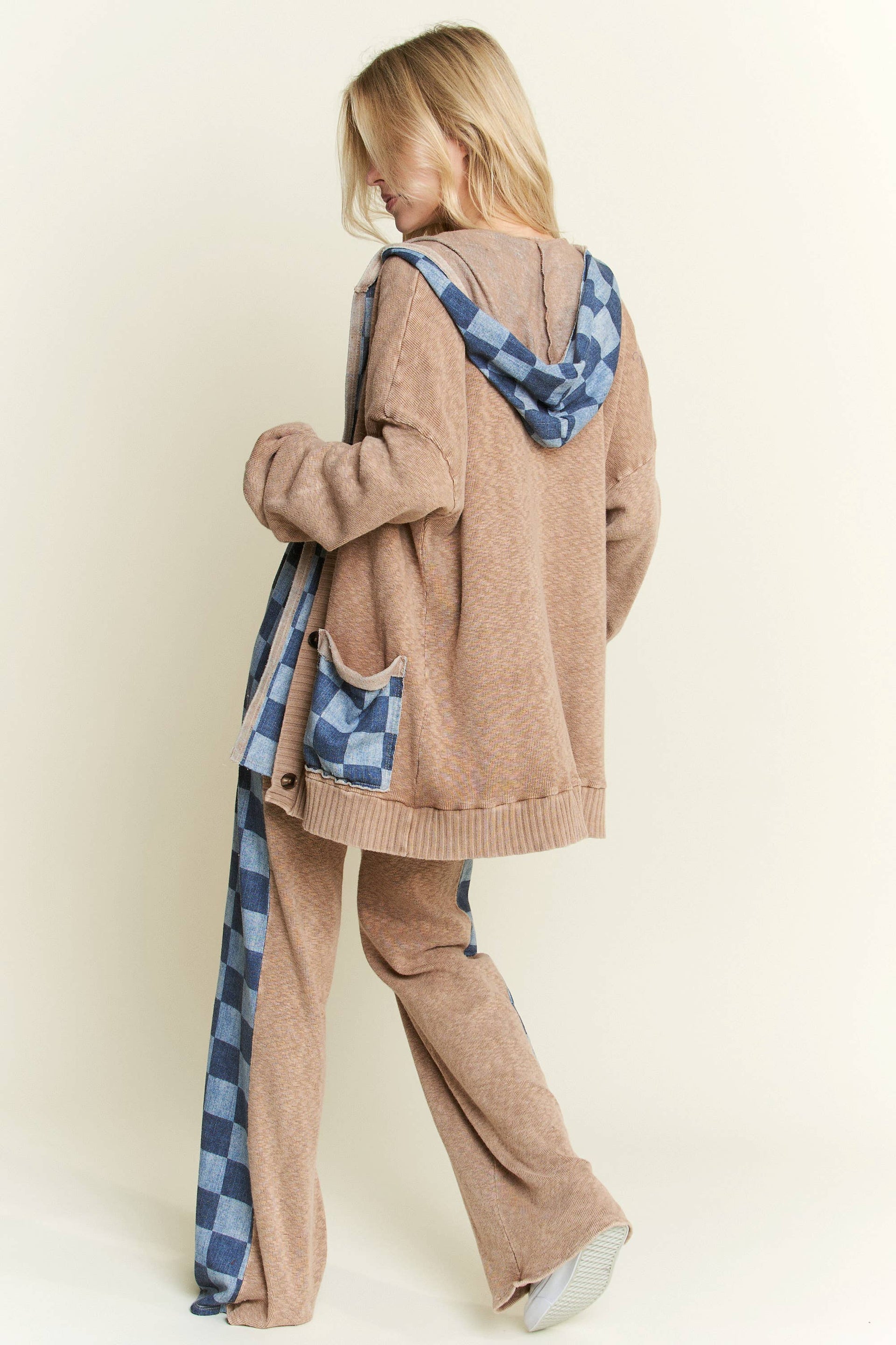 Mineral Wash Checkerboard Hoodie Sweater Cardigan-Jackets-Krush Kandy, Women's Online Fashion Boutique Located in Phoenix, Arizona (Scottsdale Area)