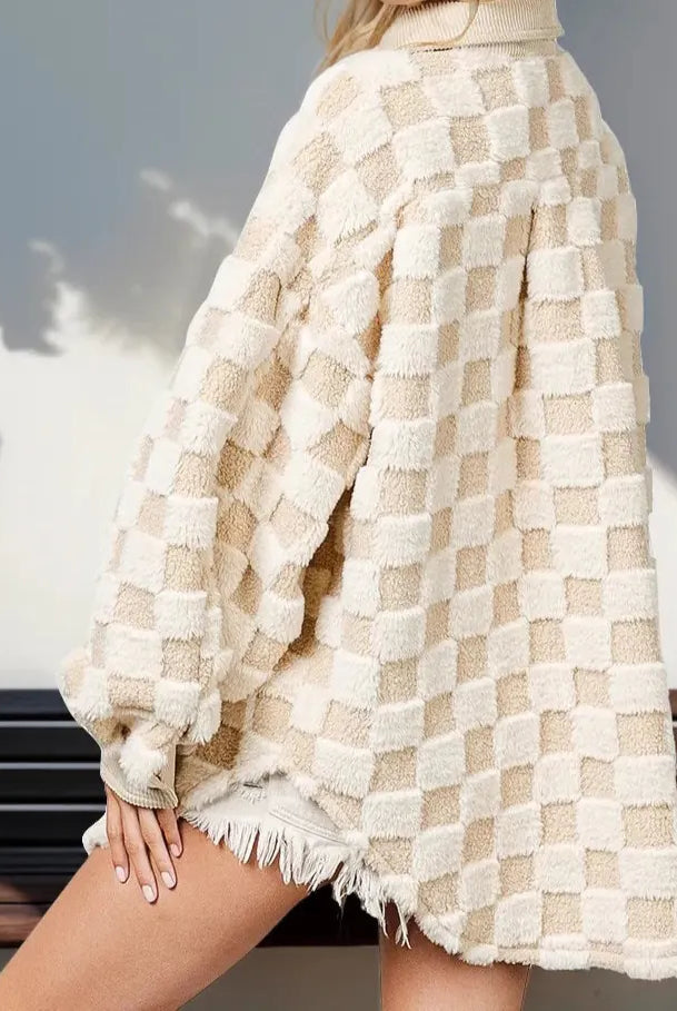 Double Take Button Up Fuzzy Checkered Shacket-Jacket-Krush Kandy, Women's Online Fashion Boutique Located in Phoenix, Arizona (Scottsdale Area)