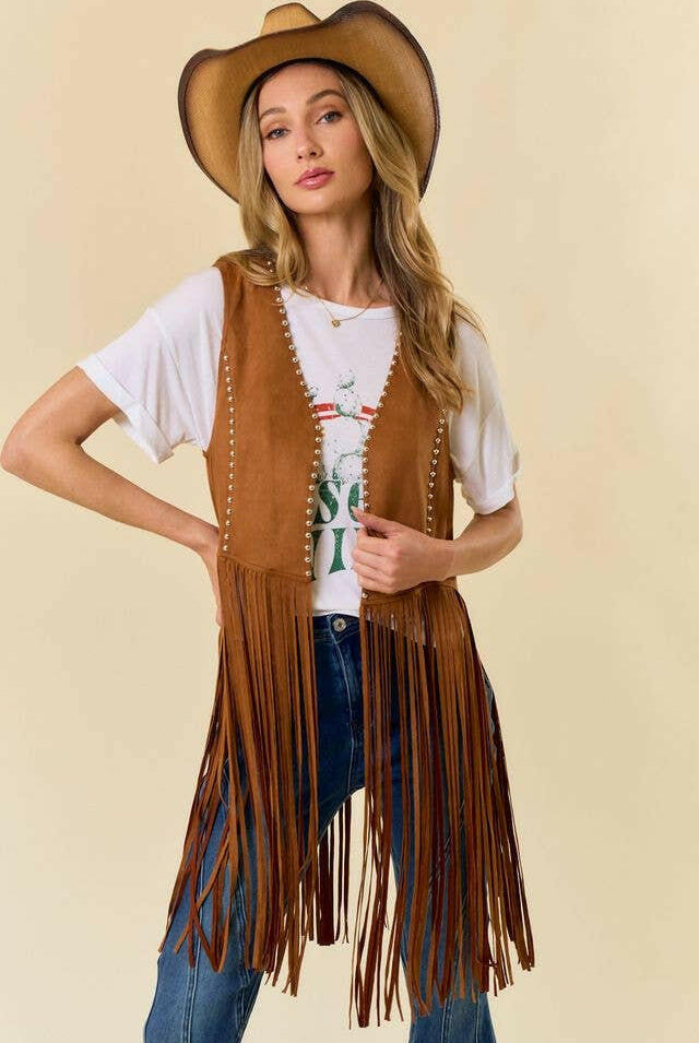 Studded Long Fringe Faux Suede Vest-Vests-Krush Kandy, Women's Online Fashion Boutique Located in Phoenix, Arizona (Scottsdale Area)
