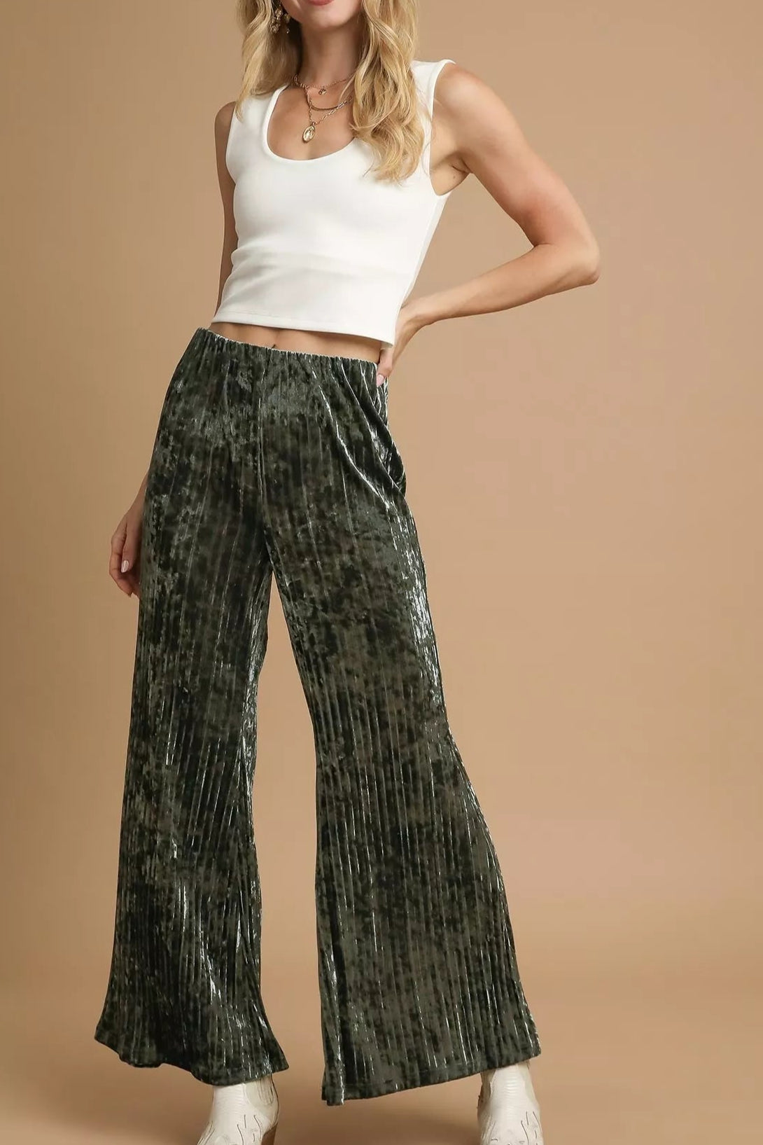 Umgee Velvet Pleated Wide Leg Pants-Pants-Krush Kandy, Women's Online Fashion Boutique Located in Phoenix, Arizona (Scottsdale Area)
