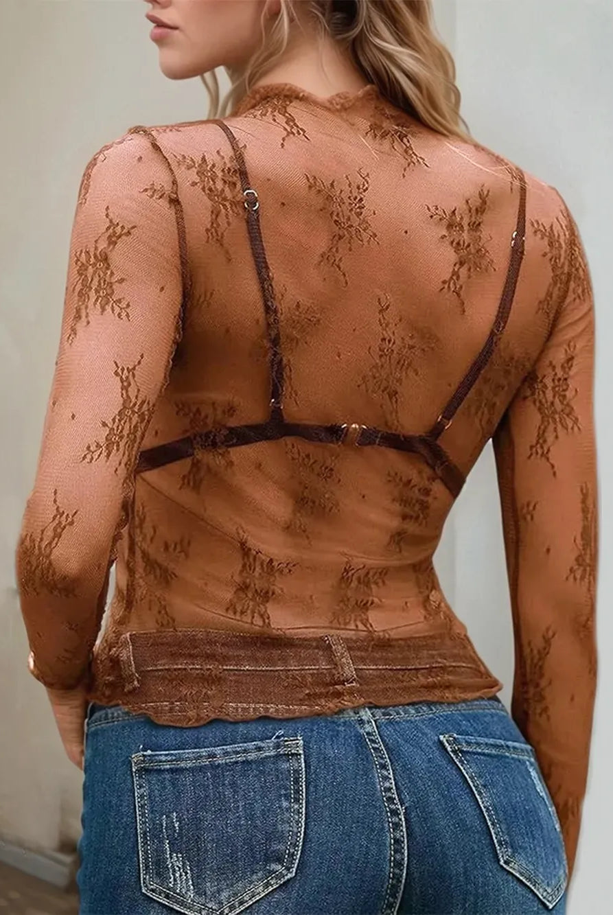 Floral Mock Neck Long Sleeve Mesh Top-Tops-Krush Kandy, Women's Online Fashion Boutique Located in Phoenix, Arizona (Scottsdale Area)