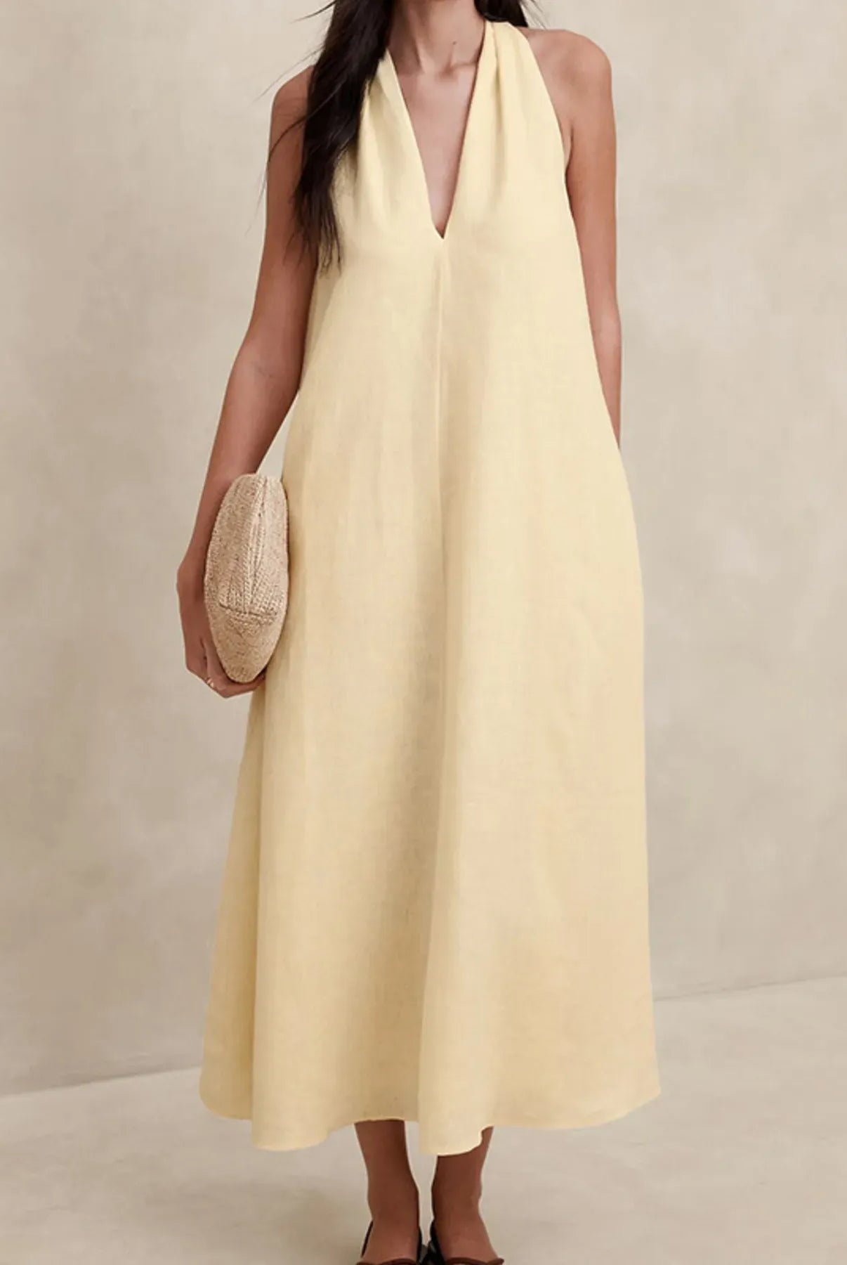 Halter V-Neck Linen Midi Dress-Krush Kandy, Women's Online Fashion Boutique Located in Phoenix, Arizona (Scottsdale Area)