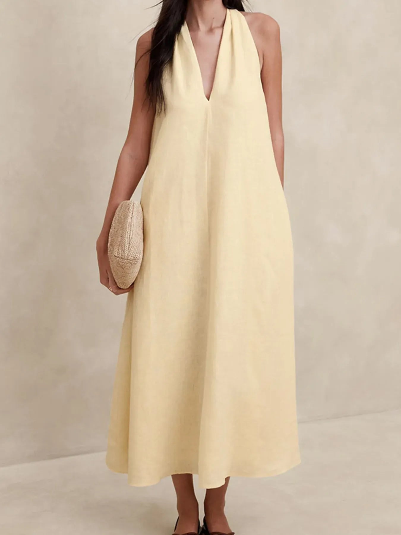 Halter V-Neck Linen Midi Dress-Krush Kandy, Women's Online Fashion Boutique Located in Phoenix, Arizona (Scottsdale Area)