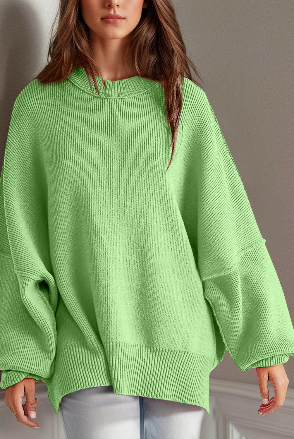 Double Take Side Slit Round Neck Long Sleeve Sweater-Sweaters-Krush Kandy, Women's Online Fashion Boutique Located in Phoenix, Arizona (Scottsdale Area)