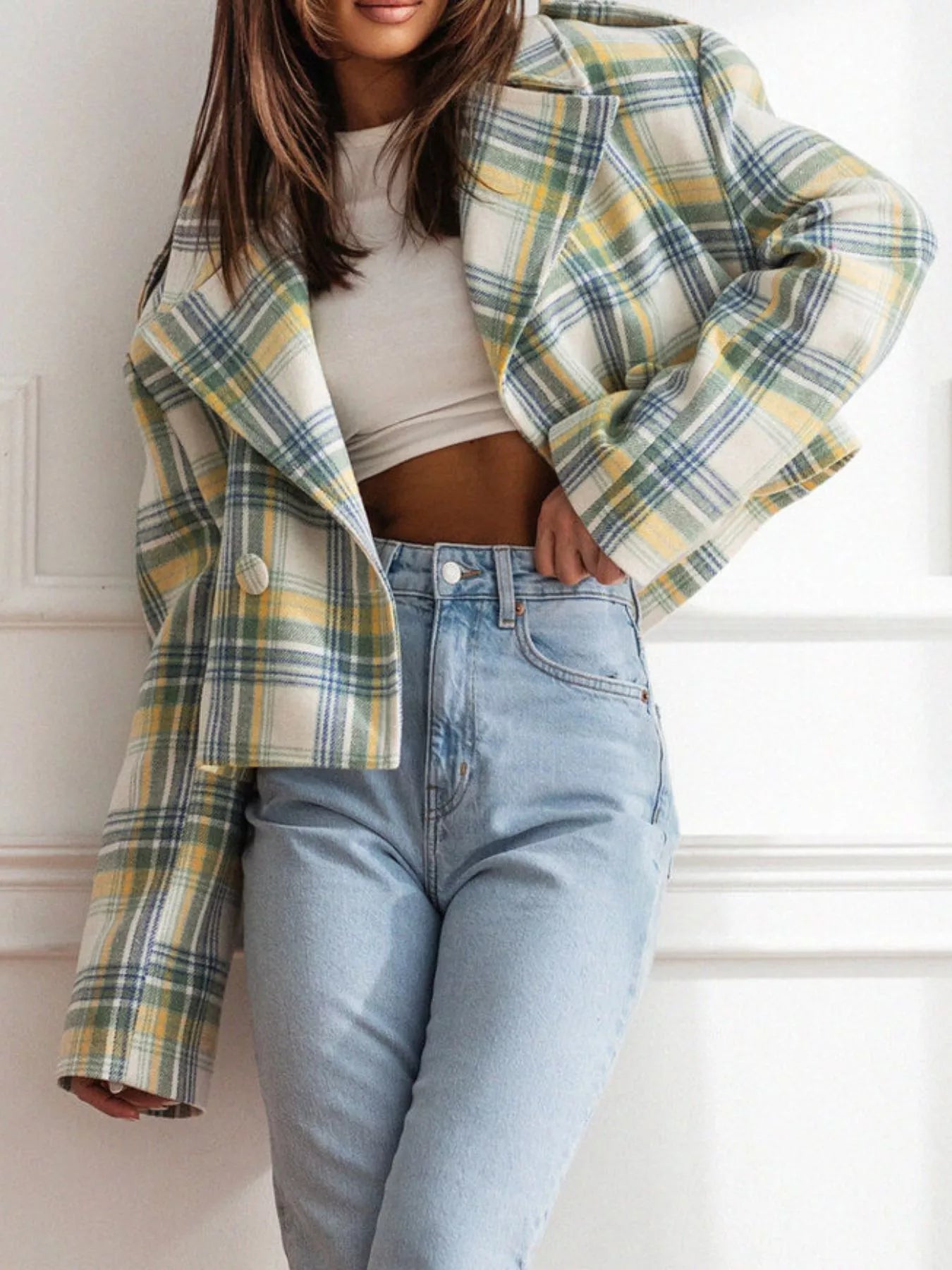 Plaid Lapel Collar Cropped Outerwear-Jackets-Krush Kandy, Women's Online Fashion Boutique Located in Phoenix, Arizona (Scottsdale Area)