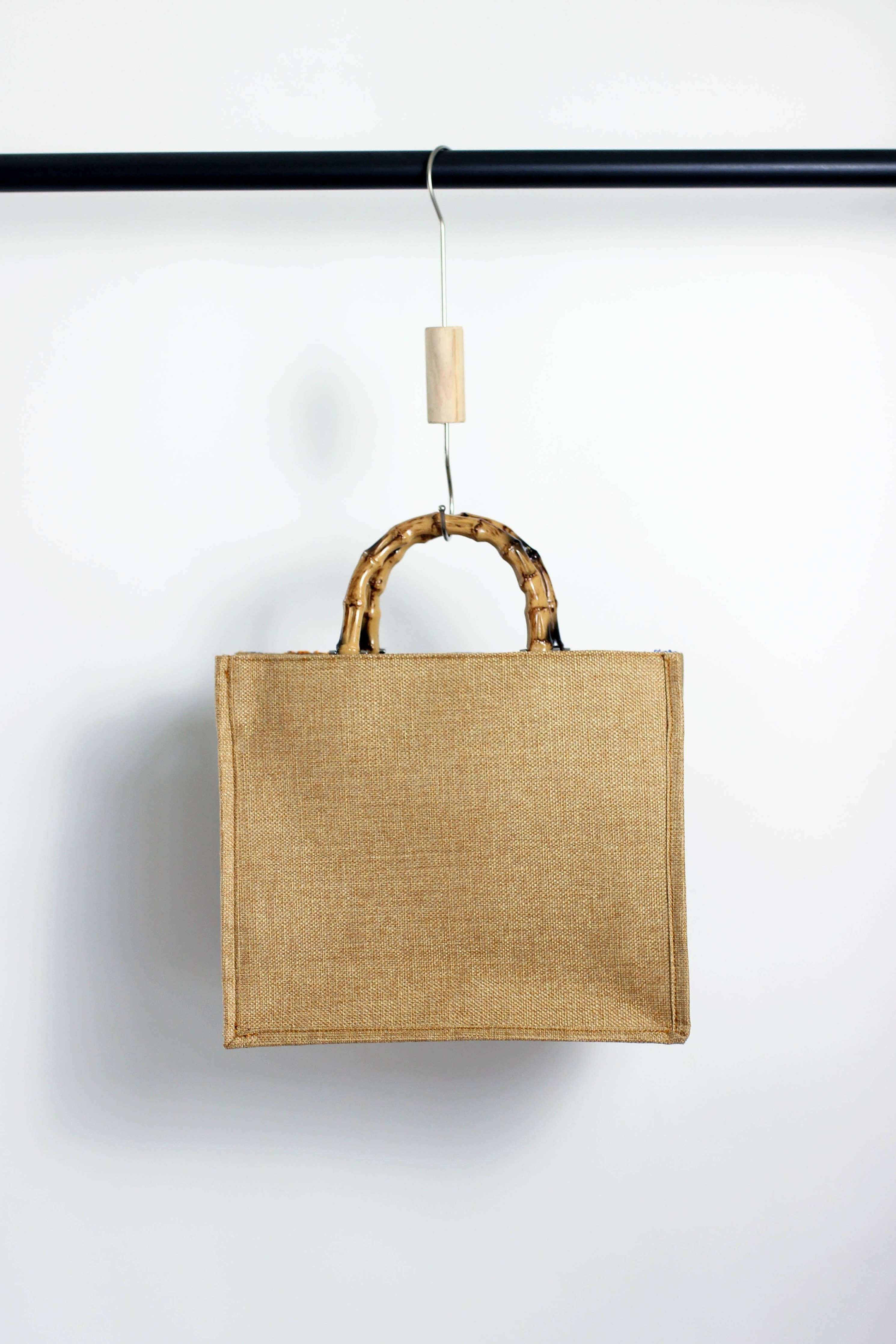 Elegant Burlap Handbag with Floral Embroidery and Bamboo Handle-handbag-Krush Kandy, Women's Online Fashion Boutique Located in Phoenix, Arizona (Scottsdale Area)