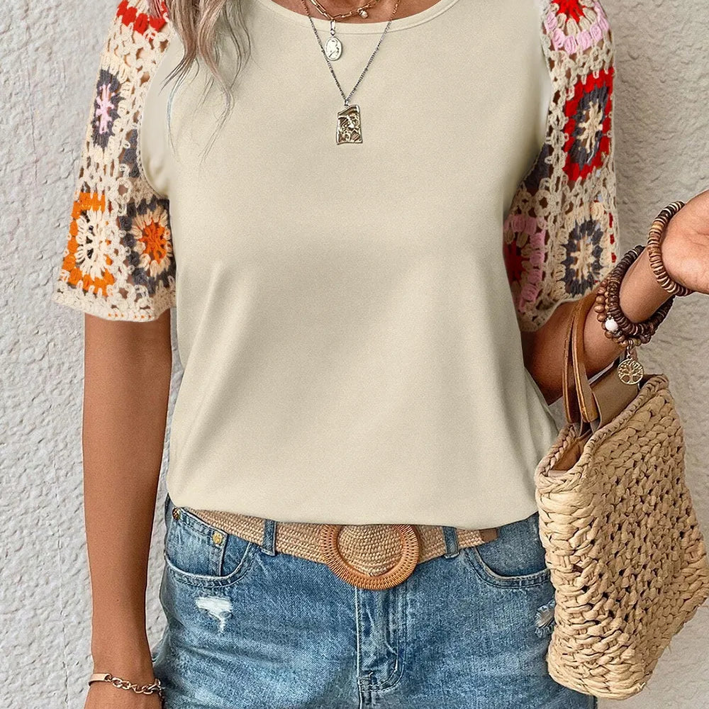 Retro Bloom Crochet Sleeve Tee-Tops-Krush Kandy, Women's Online Fashion Boutique Located in Phoenix, Arizona (Scottsdale Area)