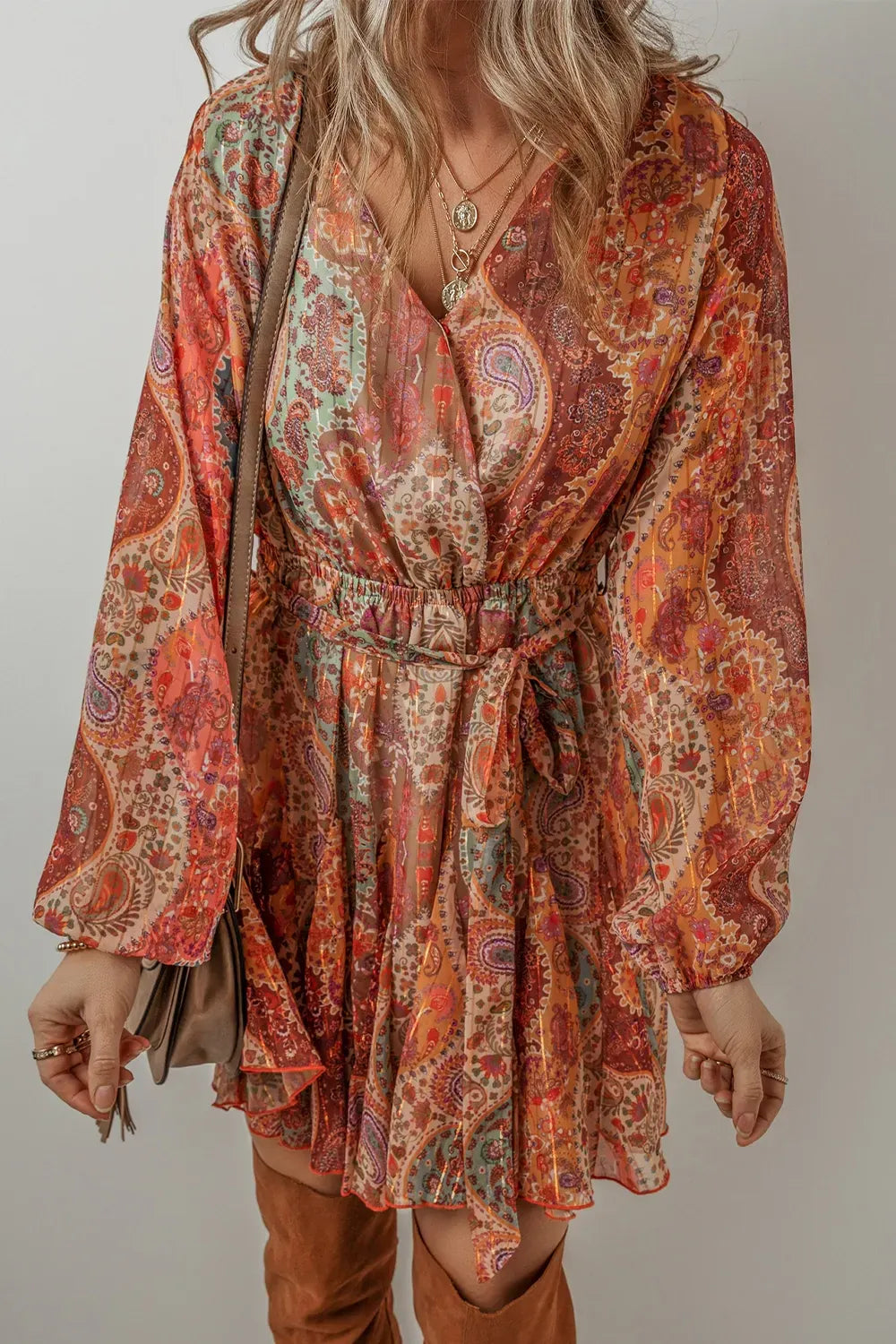 Tied Printed Balloon Sleeve Mini Dress-dresses-Krush Kandy, Women's Online Fashion Boutique Located in Phoenix, Arizona (Scottsdale Area)