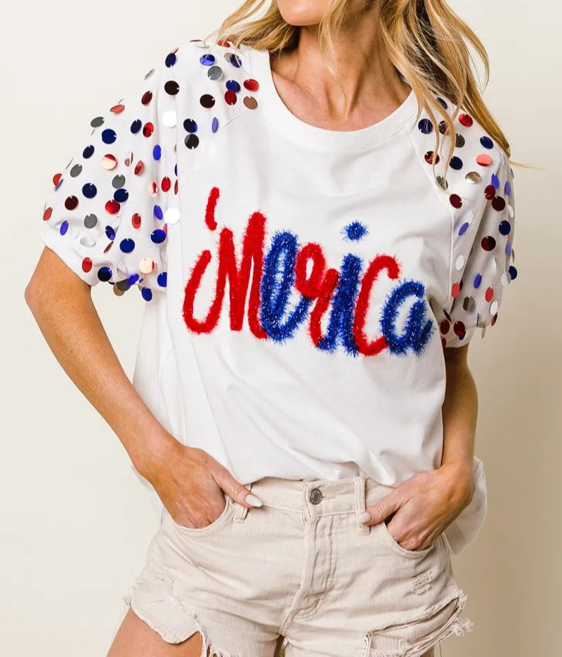 BiBi Metallic Letter Spangle Raglan Puff Sleeve Top-Tops-Krush Kandy, Women's Online Fashion Boutique Located in Phoenix, Arizona (Scottsdale Area)