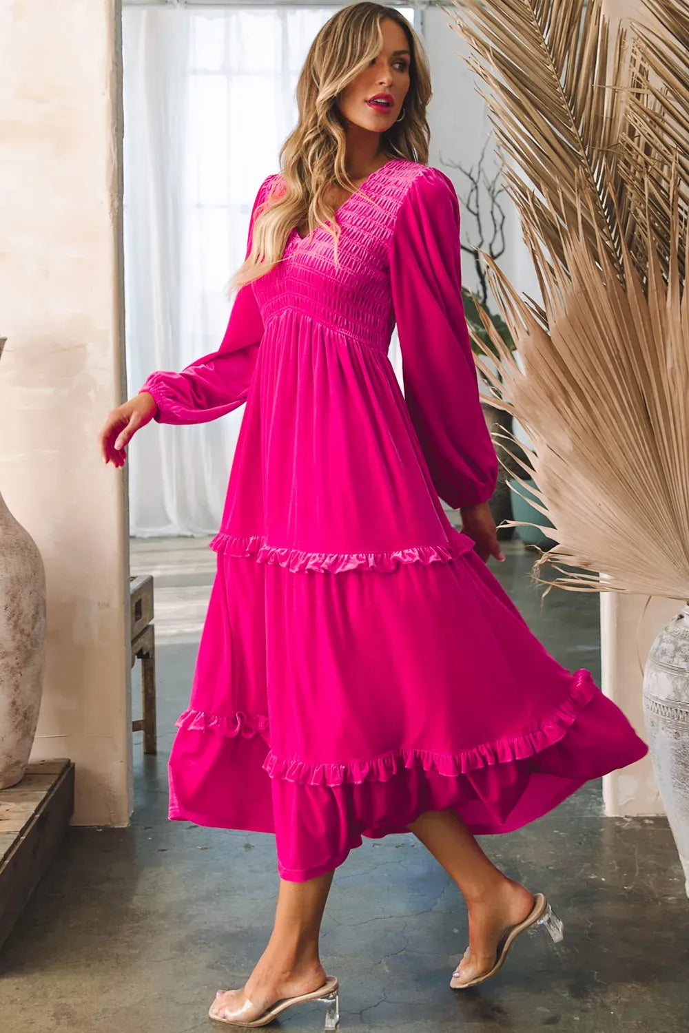 Frill V-Neck Balloon Sleeve Tiered Dress-Dresses-Krush Kandy, Women's Online Fashion Boutique Located in Phoenix, Arizona (Scottsdale Area)