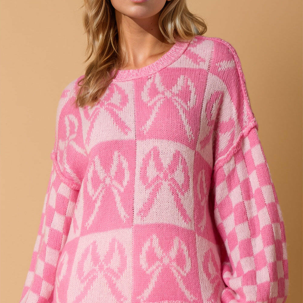 Sweetheart Bow Check Sweater-Sweaters-Krush Kandy, Women's Online Fashion Boutique Located in Phoenix, Arizona (Scottsdale Area)