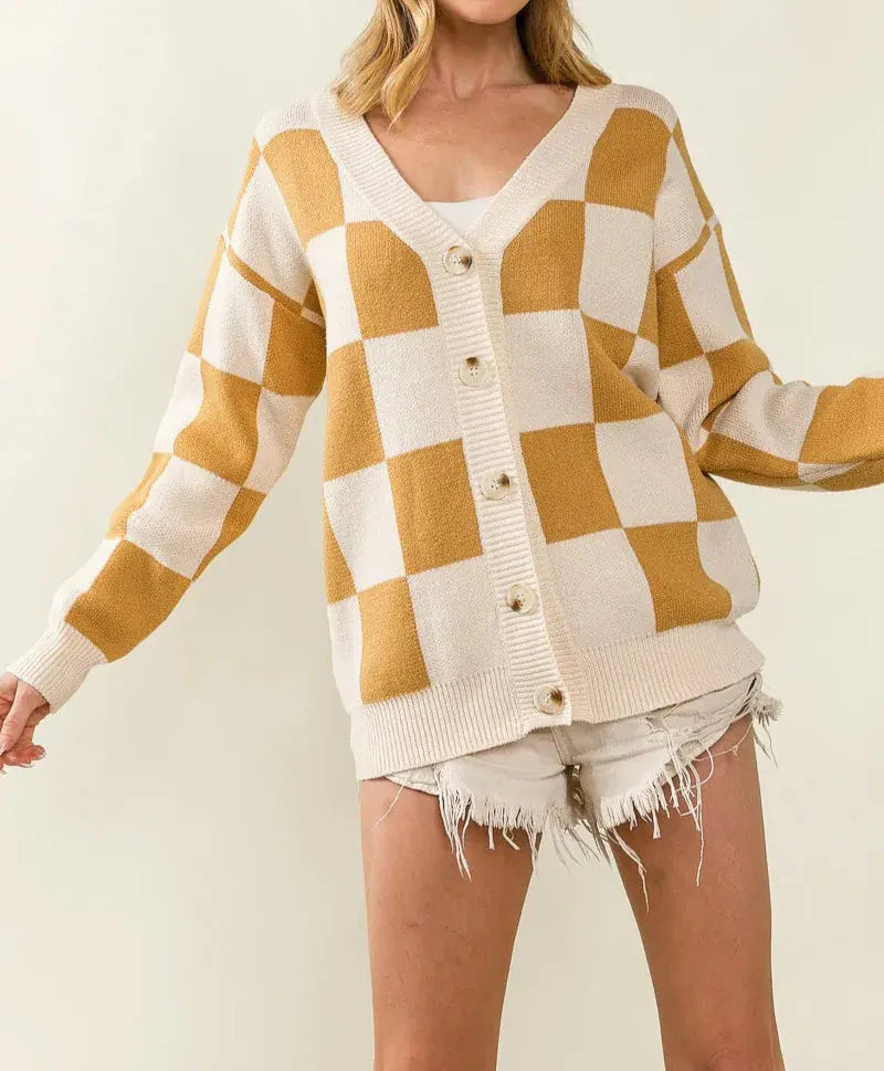 BiBi Checked V-neck Cardigan-Tops-Krush Kandy, Women's Online Fashion Boutique Located in Phoenix, Arizona (Scottsdale Area)