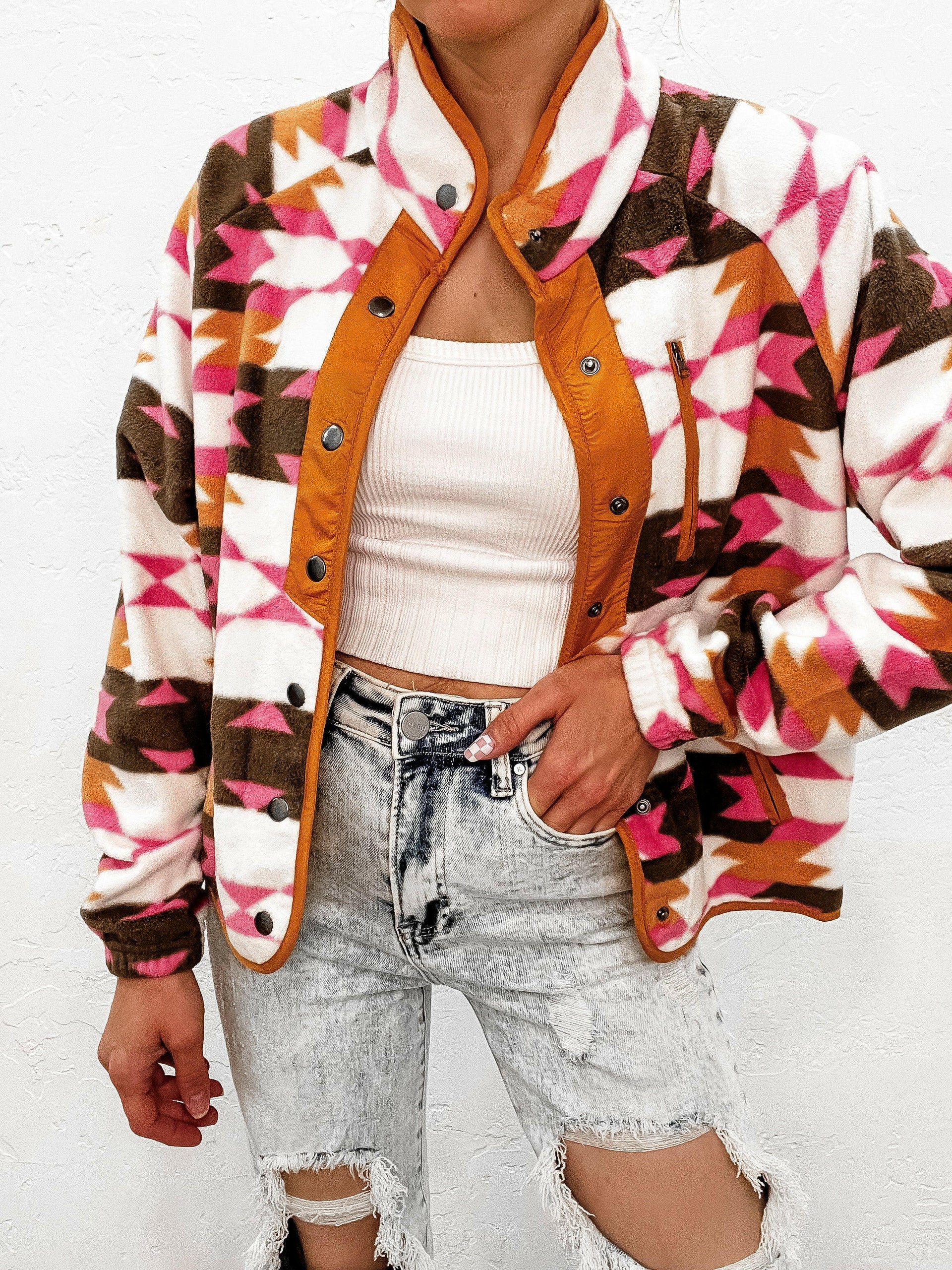 Pop of Pink Western Aztec Fleece Snap Button Jacket-Jackets-Krush Kandy, Women's Online Fashion Boutique Located in Phoenix, Arizona (Scottsdale Area)