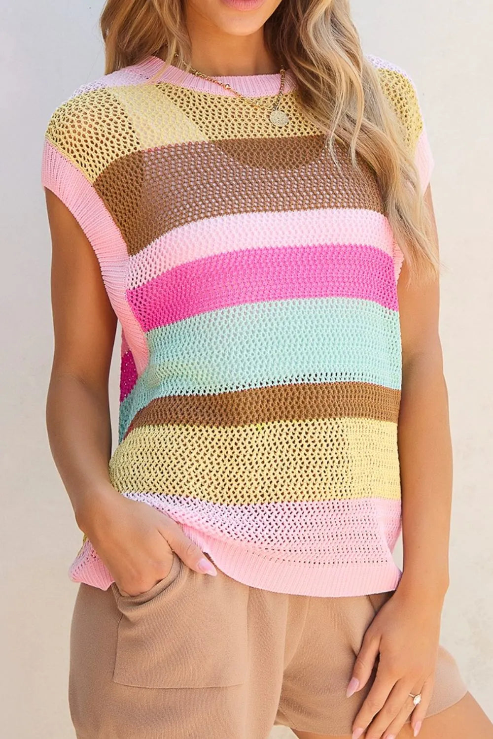 Openwork Round Neck Striped Knit Cover Up-Tops-Krush Kandy, Women's Online Fashion Boutique Located in Phoenix, Arizona (Scottsdale Area)