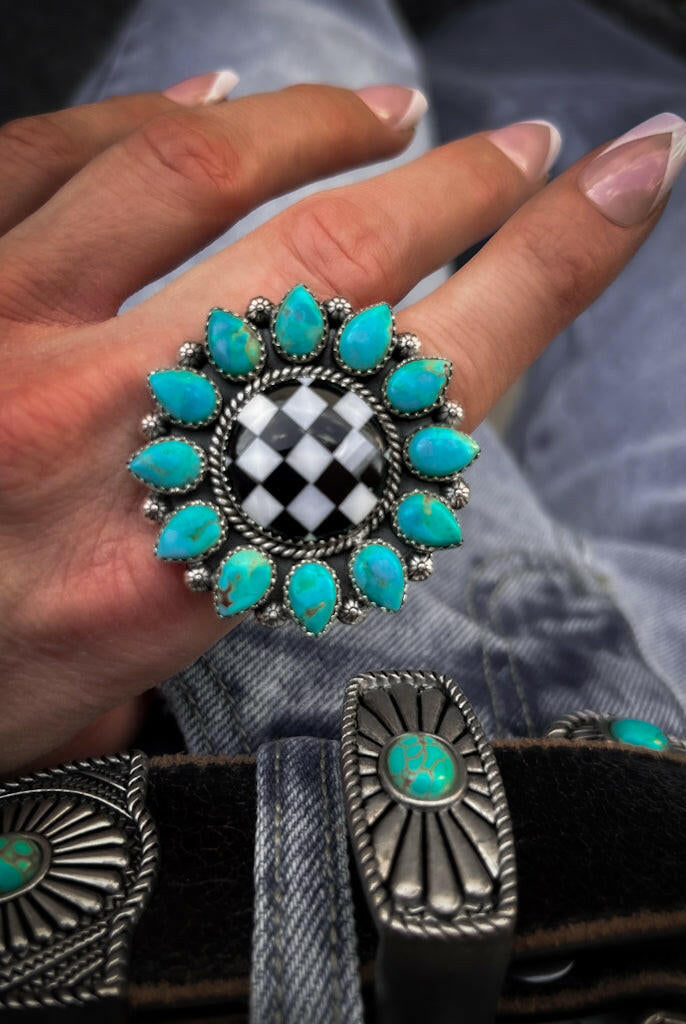 Turquoise & Checkered Sunflower Ring MADE TO ORDER-Statement Rings-Krush Kandy, Women's Online Fashion Boutique Located in Phoenix, Arizona (Scottsdale Area)