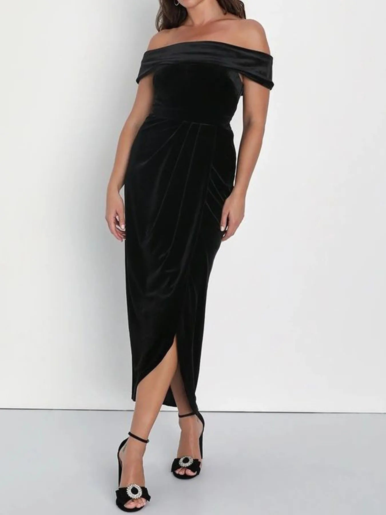 Off-Shoulder Wrap Dress with Side Slit-Dresses-Krush Kandy, Women's Online Fashion Boutique Located in Phoenix, Arizona (Scottsdale Area)
