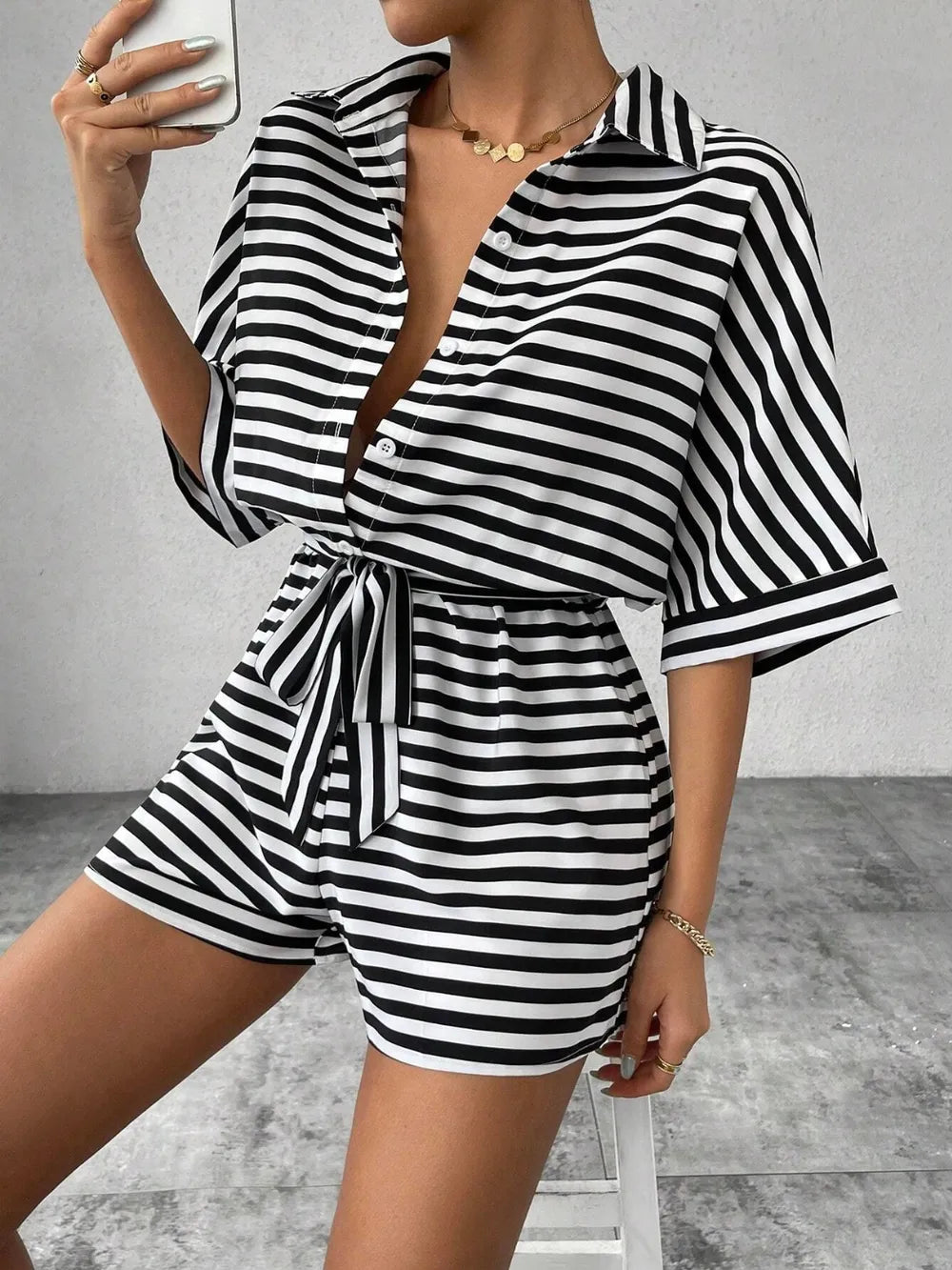 Tie Waist Half Button Striped Romper-Jumpsuits & Rompers-Krush Kandy, Women's Online Fashion Boutique Located in Phoenix, Arizona (Scottsdale Area)