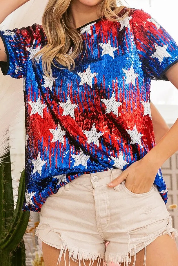 BiBi American Theme Star Pattern Sequin Top-tops-Krush Kandy, Women's Online Fashion Boutique Located in Phoenix, Arizona (Scottsdale Area)