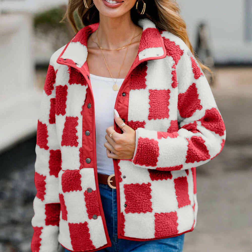 Checkered Snap Down Long Sleeve Teddy Jacket-Krush Kandy, Women's Online Fashion Boutique Located in Phoenix, Arizona (Scottsdale Area)