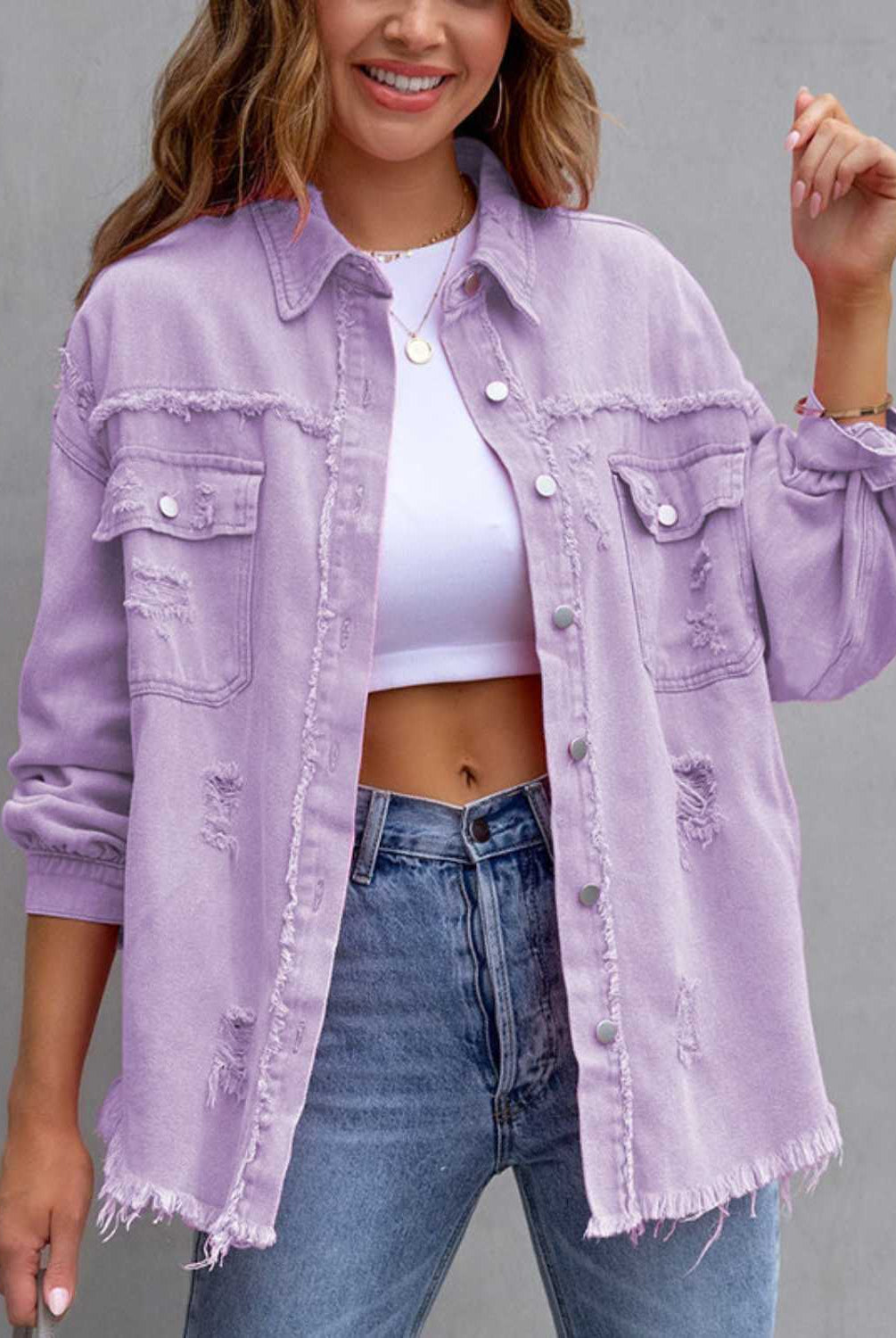 Distressed Drop Shoulder Denim Jacket-Krush Kandy, Women's Online Fashion Boutique Located in Phoenix, Arizona (Scottsdale Area)