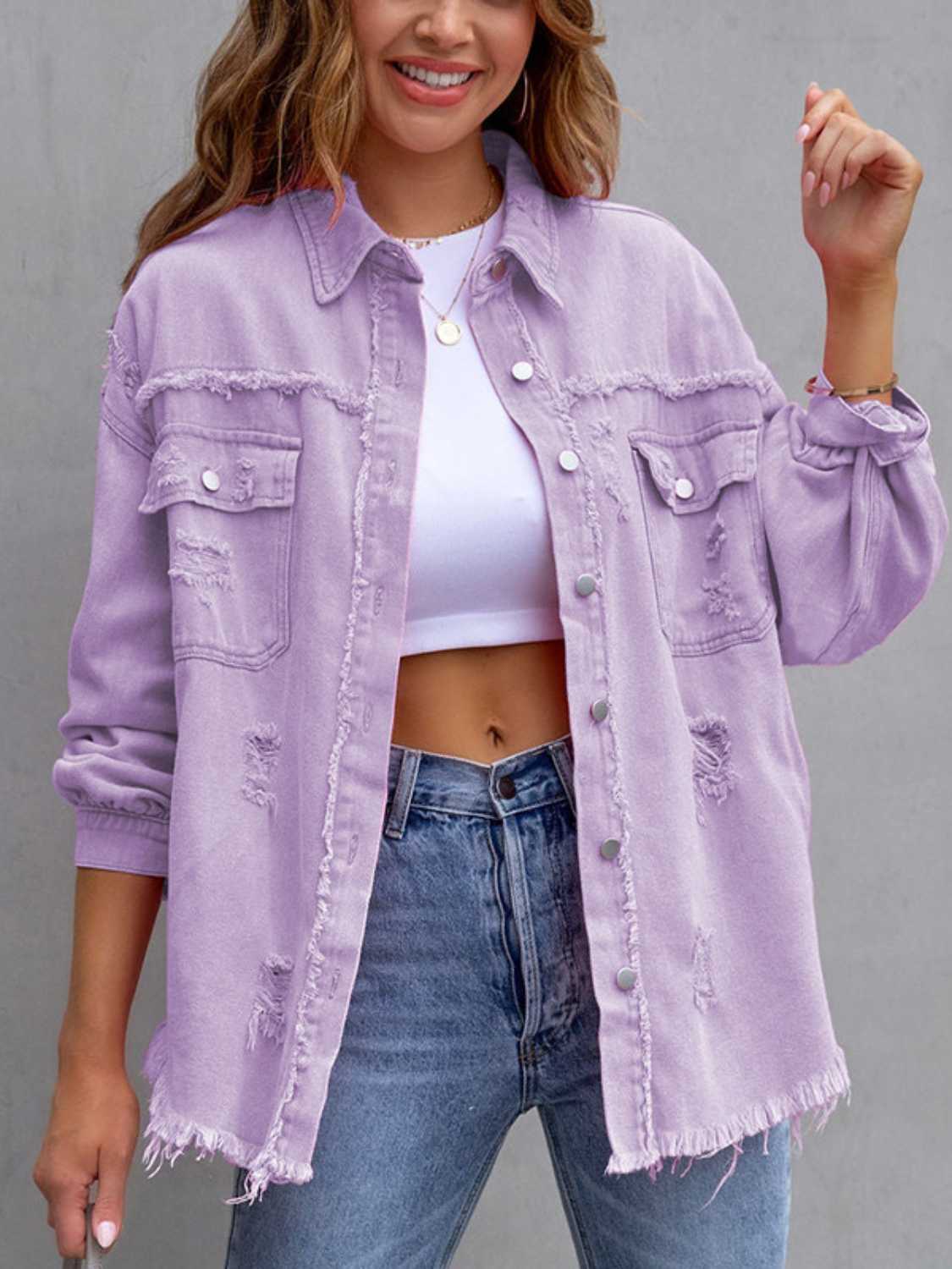 Distressed Drop Shoulder Denim Jacket-Krush Kandy, Women's Online Fashion Boutique Located in Phoenix, Arizona (Scottsdale Area)