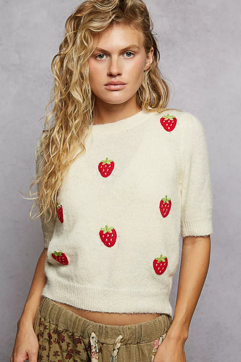 POL Round Neck Strawberry Patch Sweater with Shirring Shoulder-Sweater-Krush Kandy, Women's Online Fashion Boutique Located in Phoenix, Arizona (Scottsdale Area)
