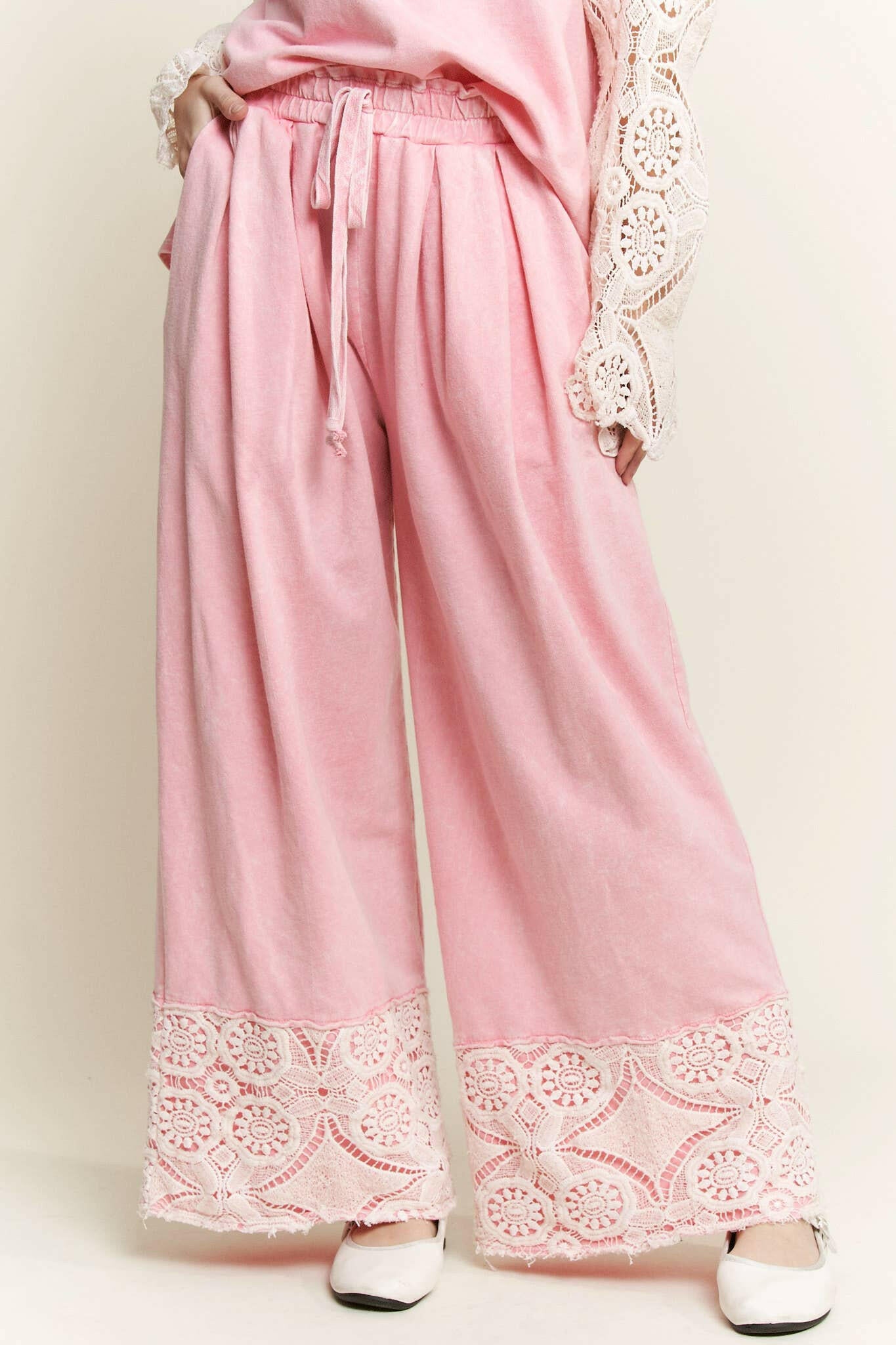 J.HER MineralWash Crochet Plicated Wide Leg Terry Pants-Krush Kandy, Women's Online Fashion Boutique Located in Phoenix, Arizona (Scottsdale Area)