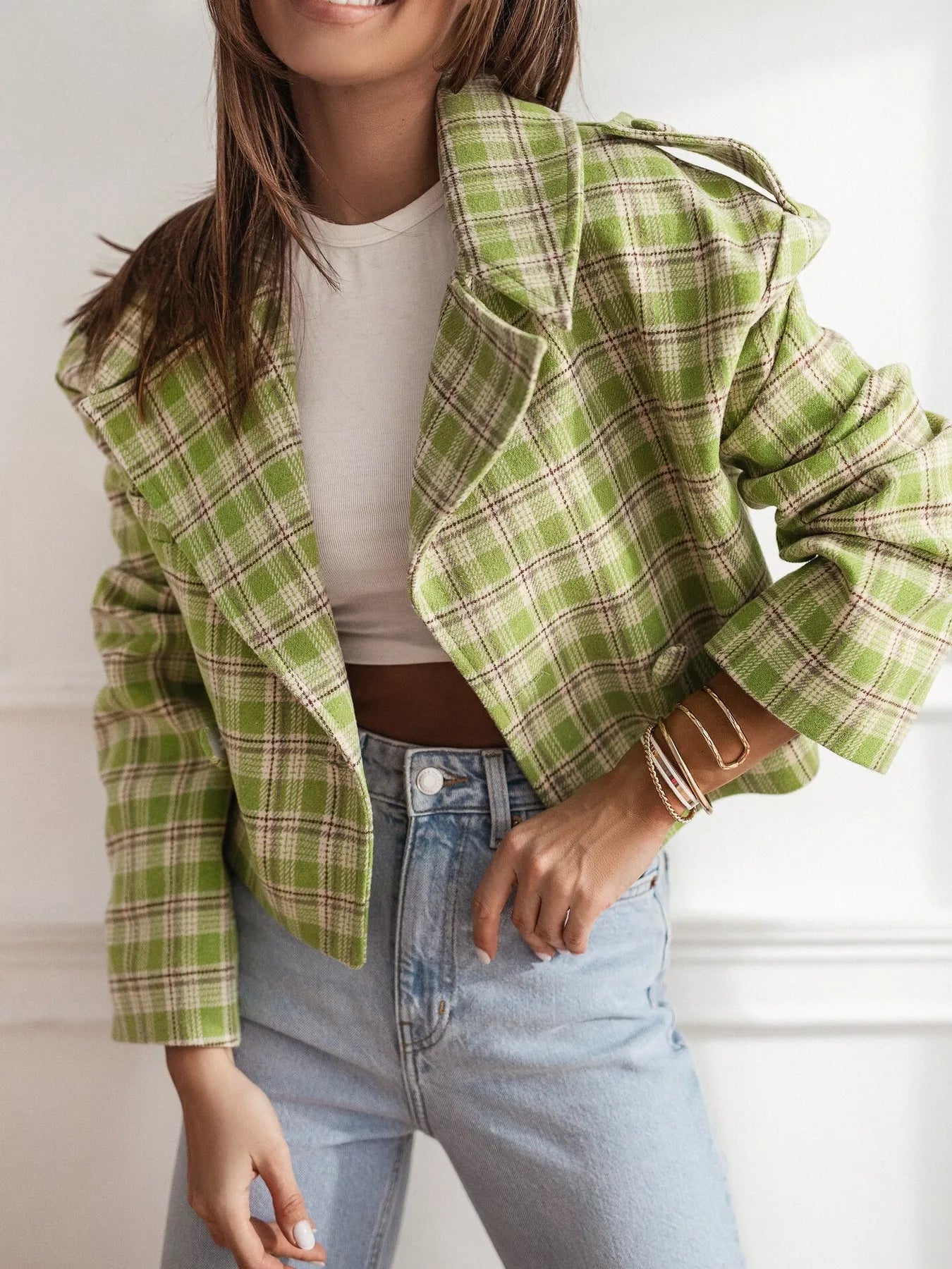 Plaid Lapel Collar Cropped Outerwear-Jackets-Krush Kandy, Women's Online Fashion Boutique Located in Phoenix, Arizona (Scottsdale Area)