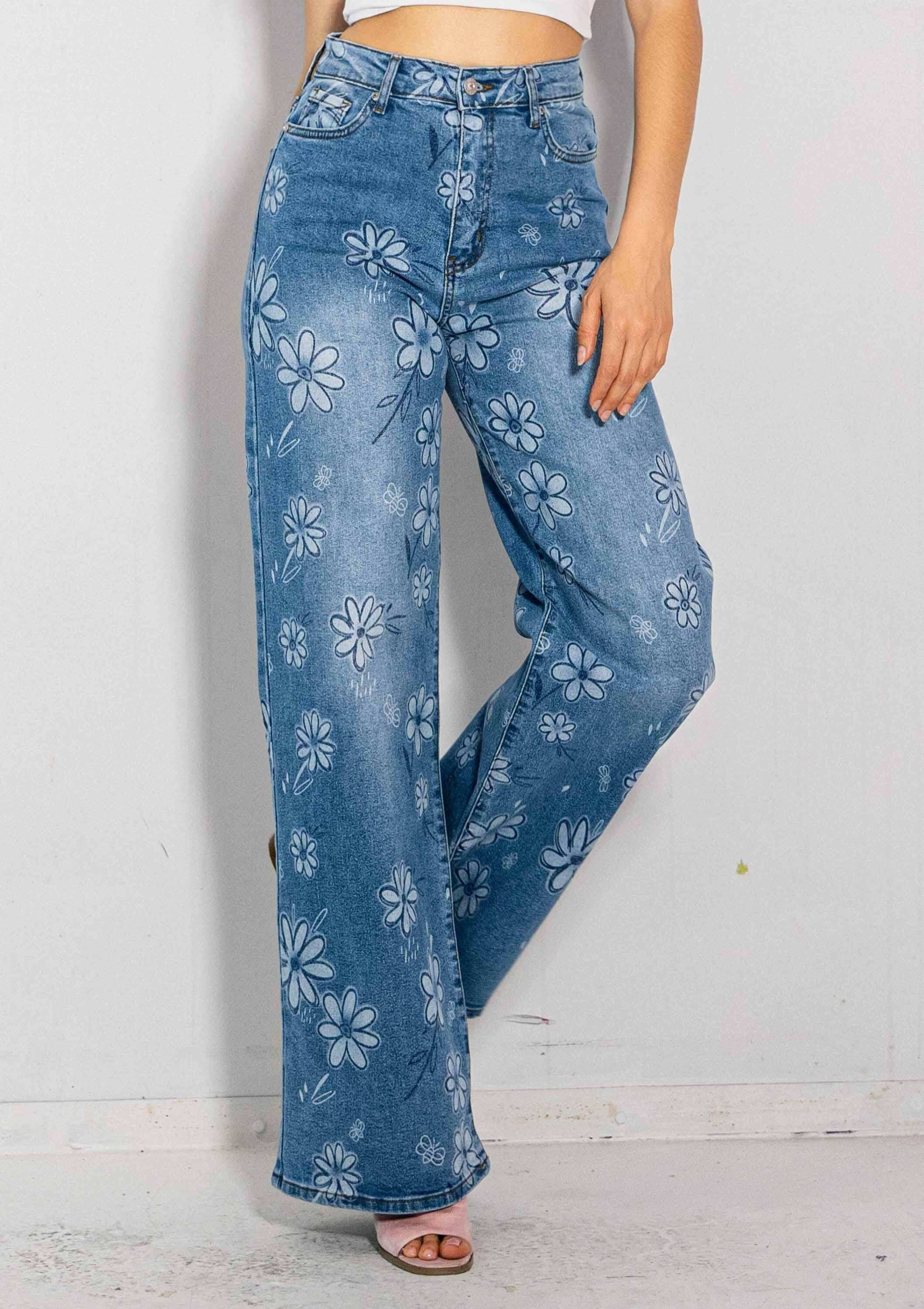 Flower Printed High-Rise Wideleg Jeans-Jeans-Krush Kandy, Women's Online Fashion Boutique Located in Phoenix, Arizona (Scottsdale Area)