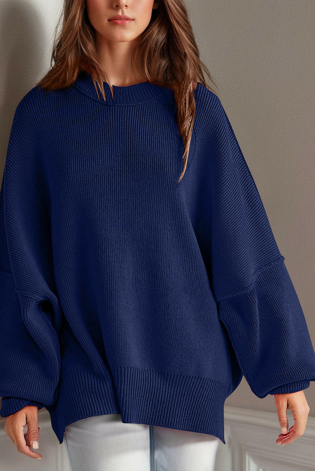 Double Take Side Slit Round Neck Long Sleeve Sweater-Sweaters-Krush Kandy, Women's Online Fashion Boutique Located in Phoenix, Arizona (Scottsdale Area)