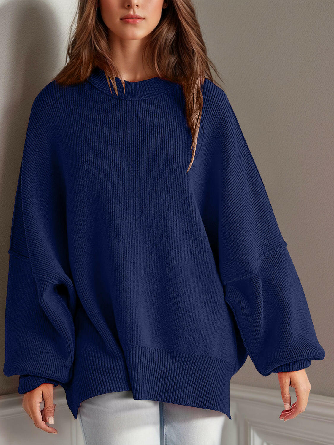 Double Take Side Slit Round Neck Long Sleeve Sweater-Sweaters-Krush Kandy, Women's Online Fashion Boutique Located in Phoenix, Arizona (Scottsdale Area)